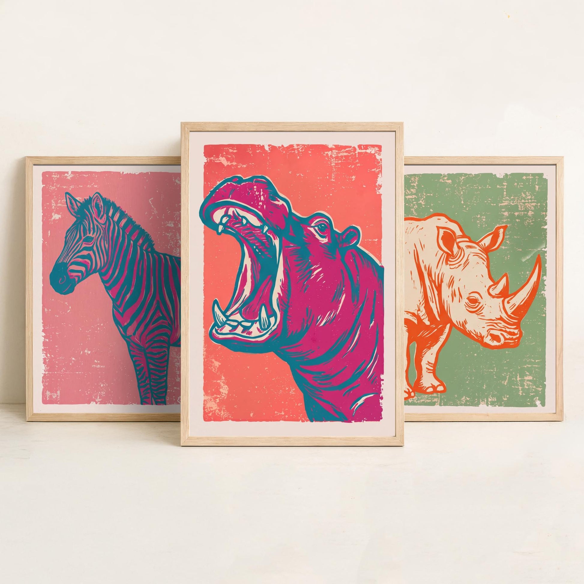 Set of Three Zebra, Rhino and Hippo Art Prints - Safari Animal Linocut Illustrations - African Wildlife Posters V2