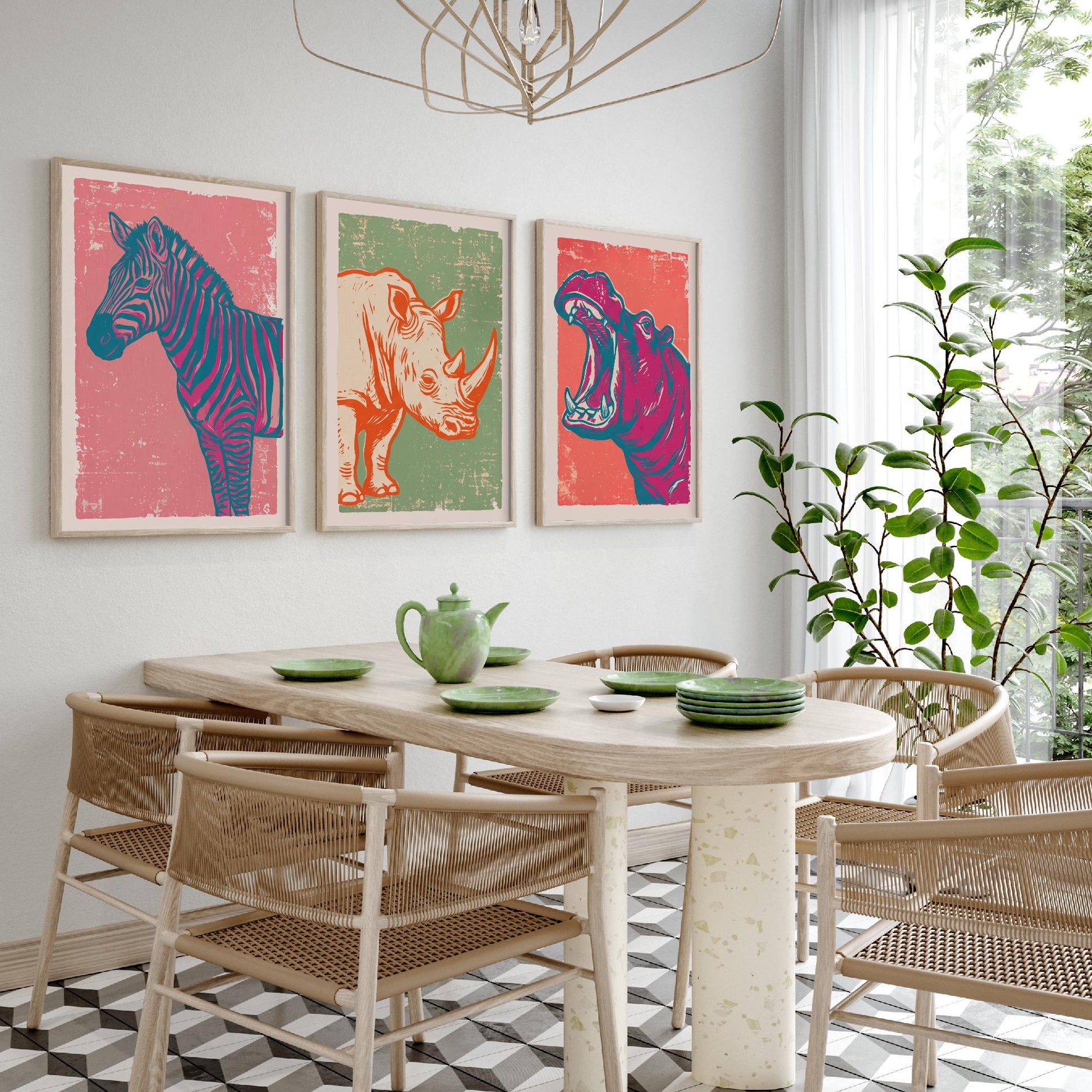 Set of Three Zebra, Rhino and Hippo Art Prints - Safari Animal Linocut Illustrations - African Wildlife Posters V2