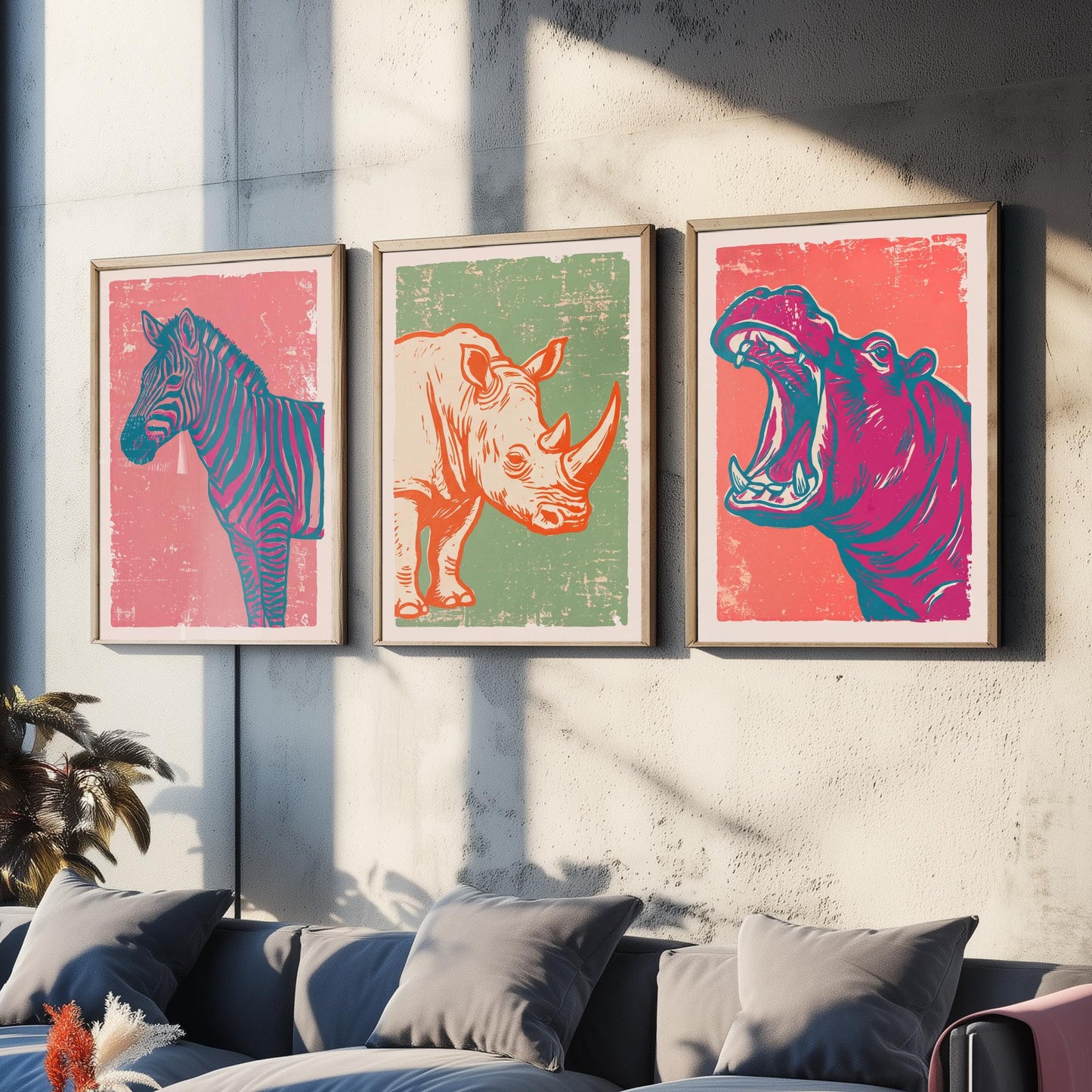 Set of Three Zebra, Rhino and Hippo Art Prints - Safari Animal Linocut Illustrations - African Wildlife Posters V2