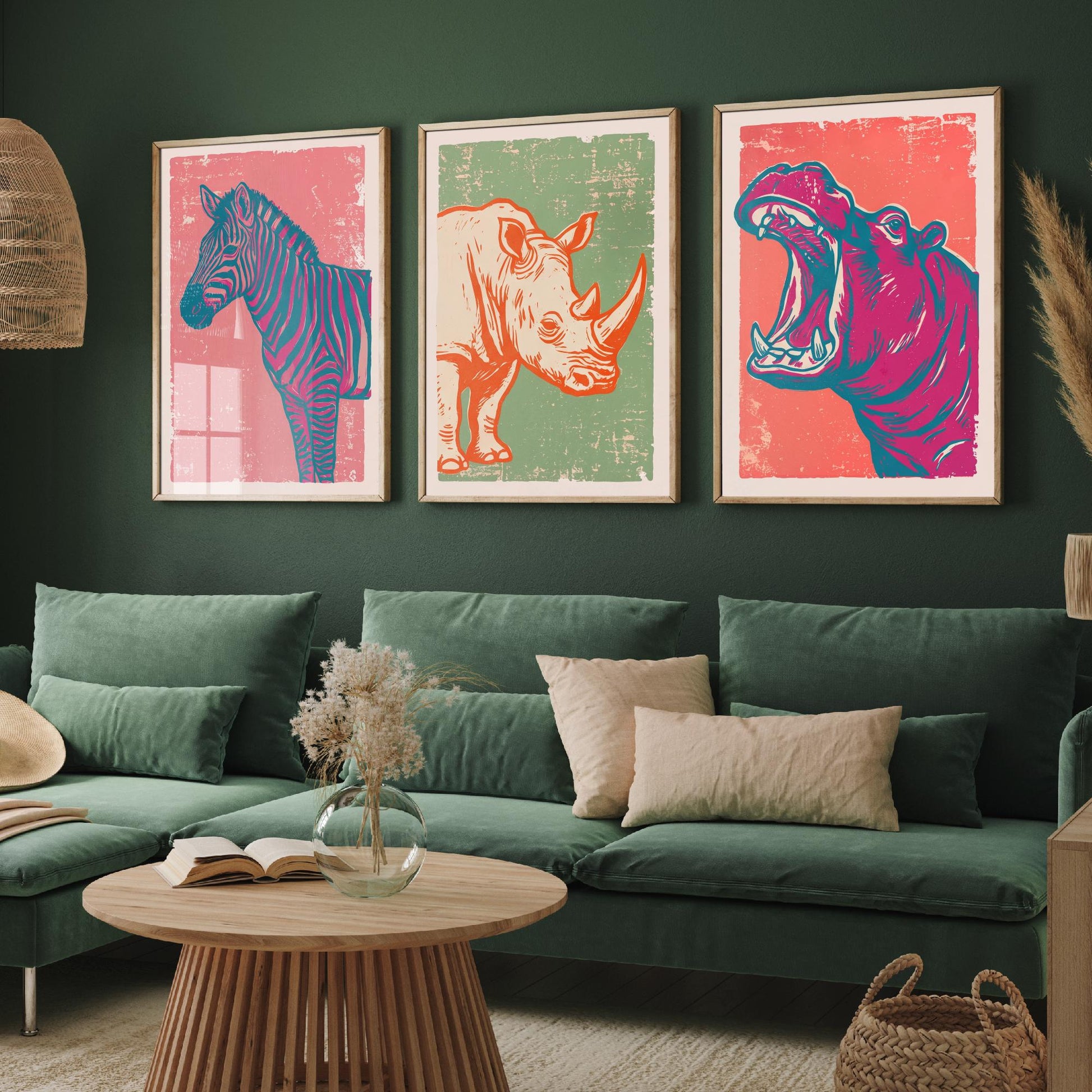 Set of Three Zebra, Rhino and Hippo Art Prints - Safari Animal Linocut Illustrations - African Wildlife Posters V2