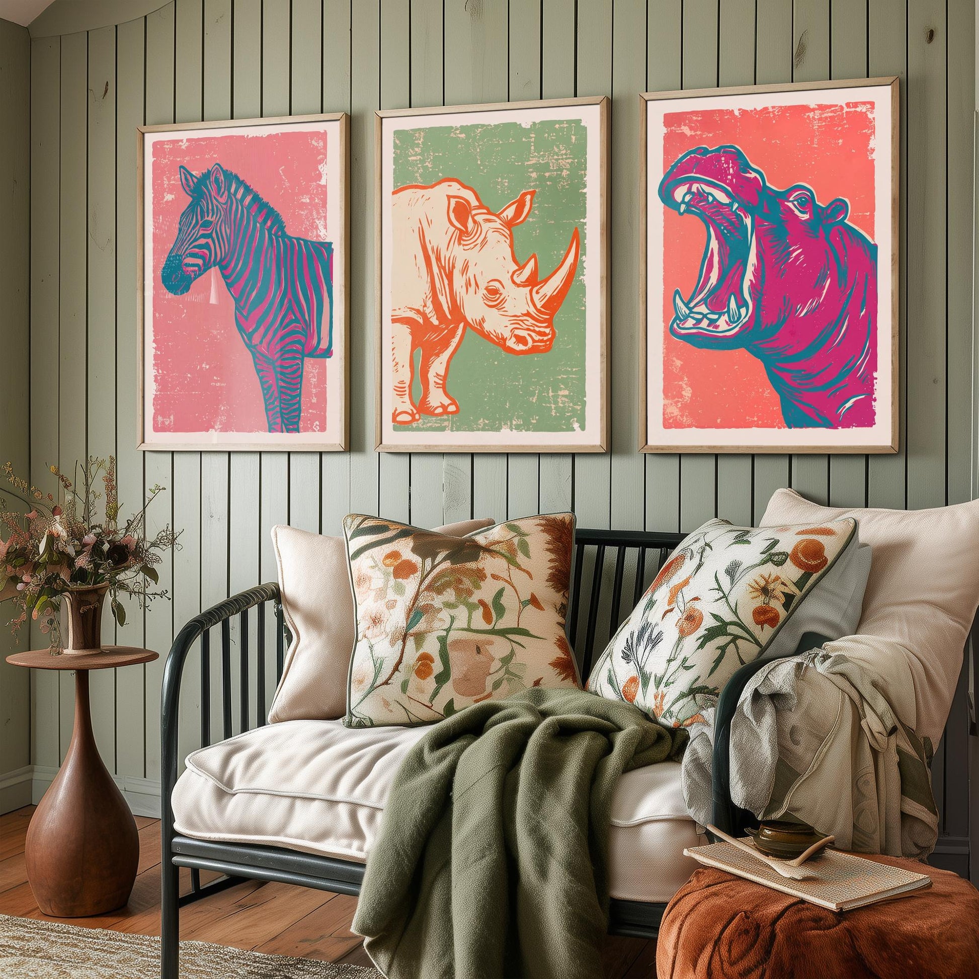 Set of Three Zebra, Rhino and Hippo Art Prints - Safari Animal Linocut Illustrations - African Wildlife Posters V2