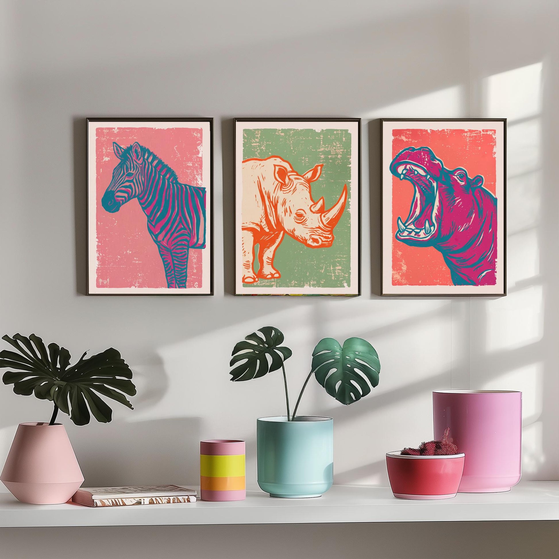 Set of Three Zebra, Rhino and Hippo Art Prints - Safari Animal Linocut Illustrations - African Wildlife Posters V2