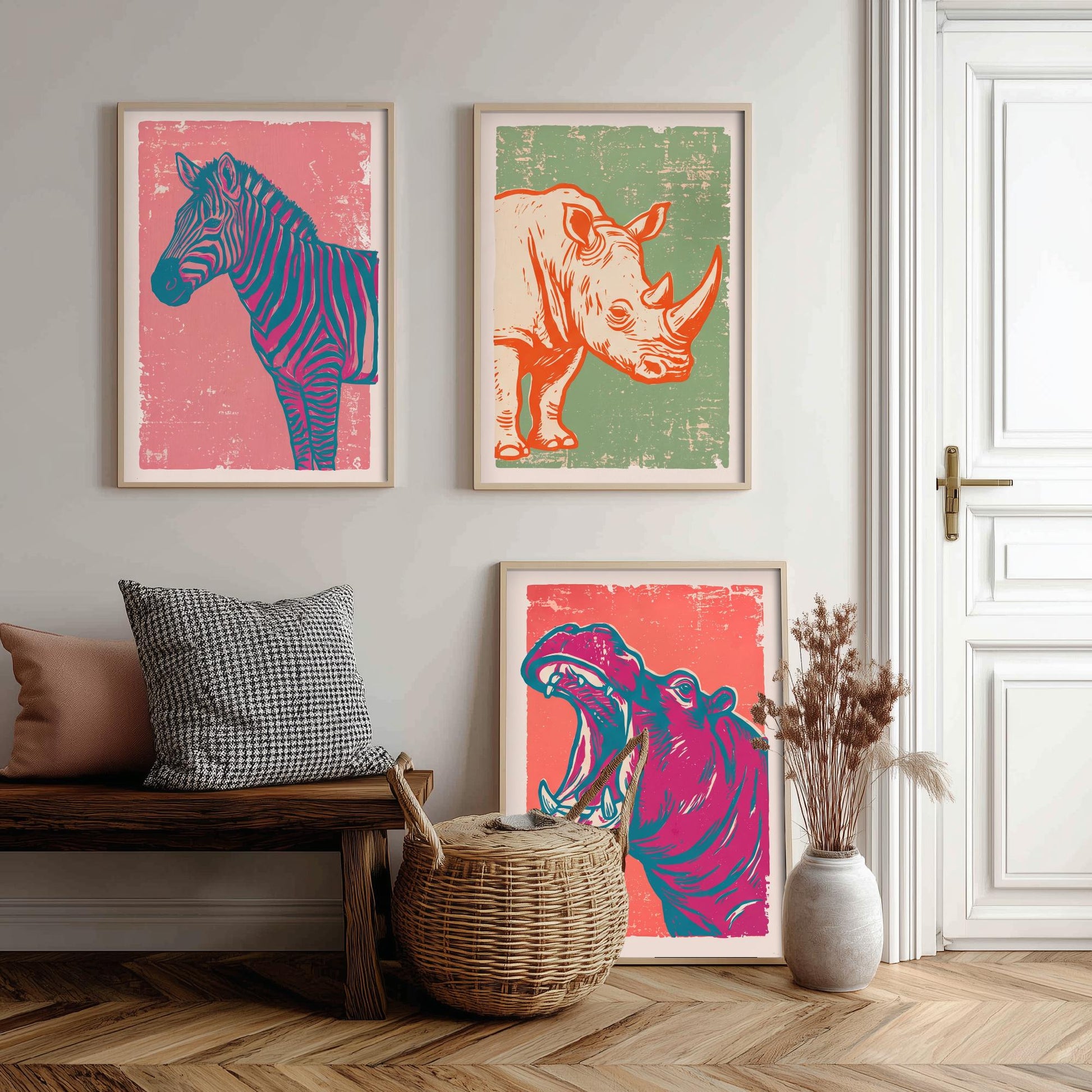 Set of Three Zebra, Rhino and Hippo Art Prints - Safari Animal Linocut Illustrations - African Wildlife Posters V2