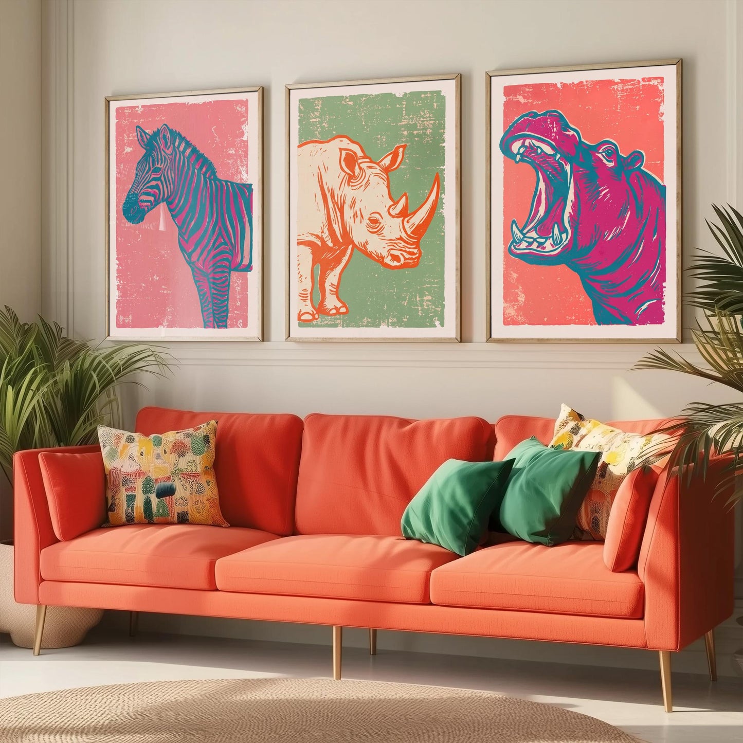 Set of Three Zebra, Rhino and Hippo Art Prints - Safari Animal Linocut Illustrations - African Wildlife Posters V2
