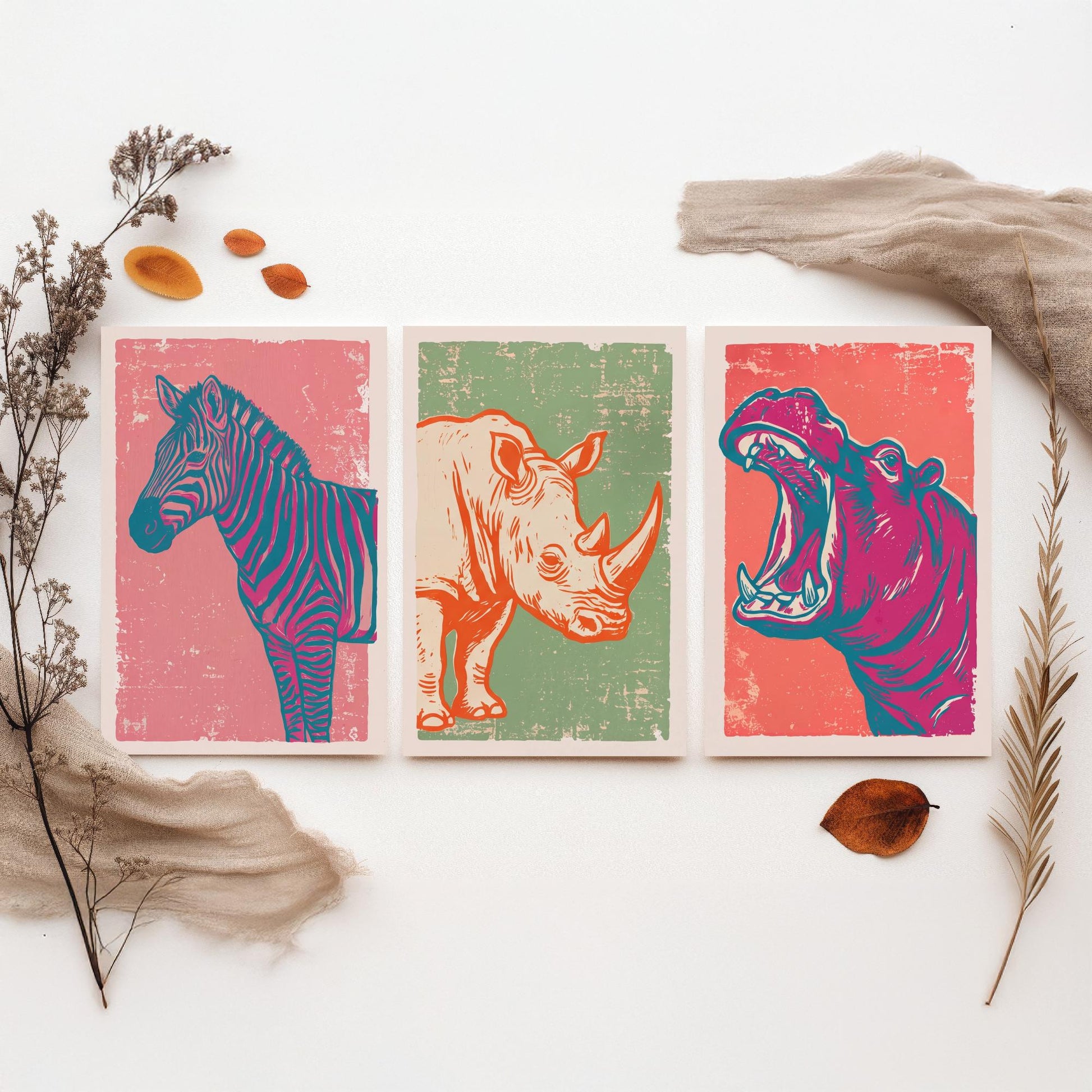 Set of Three Zebra, Rhino and Hippo Art Prints - Safari Animal Linocut Illustrations - African Wildlife Posters V2