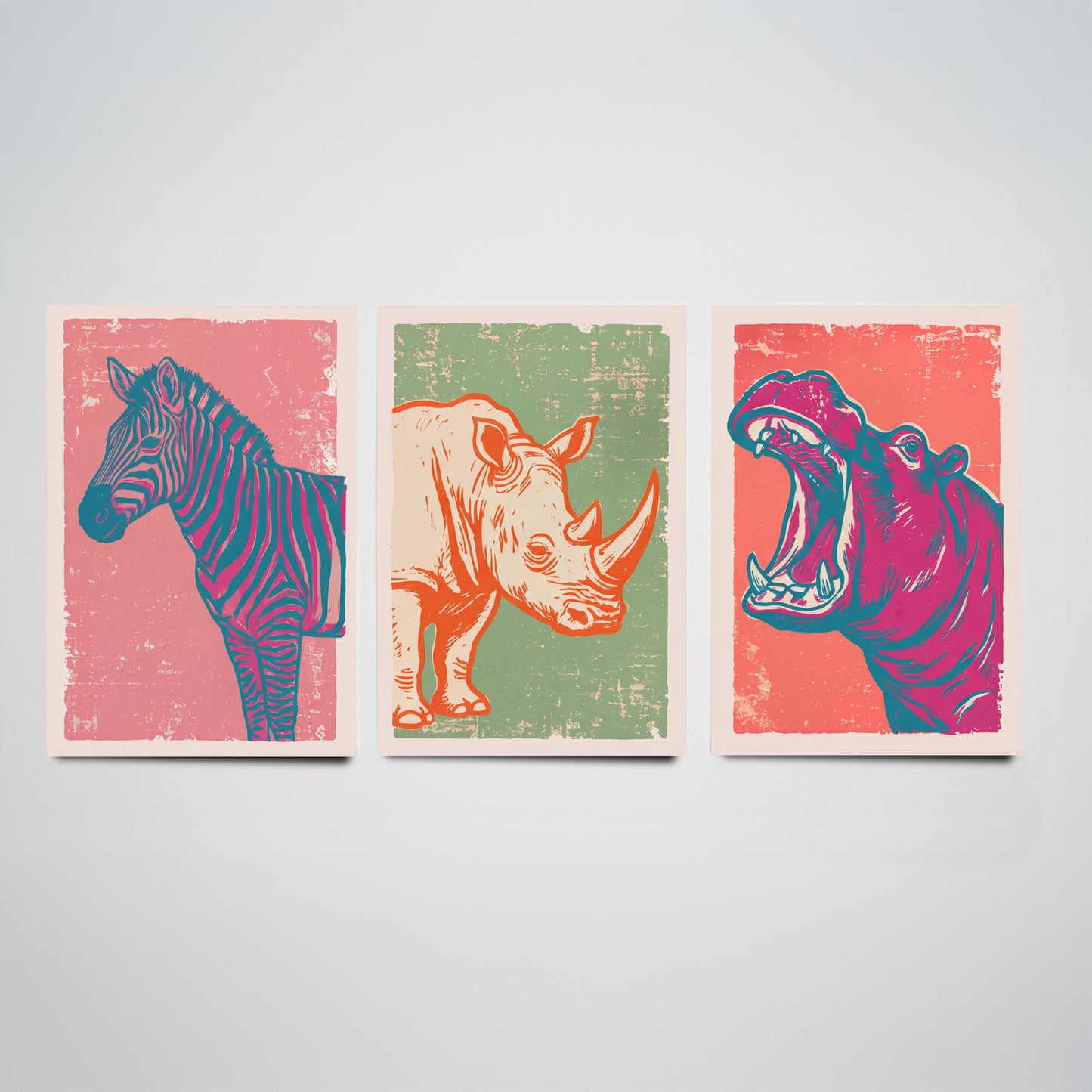 Set of Three Zebra, Rhino and Hippo Art Prints - Safari Animal Linocut Illustrations - African Wildlife Posters V2