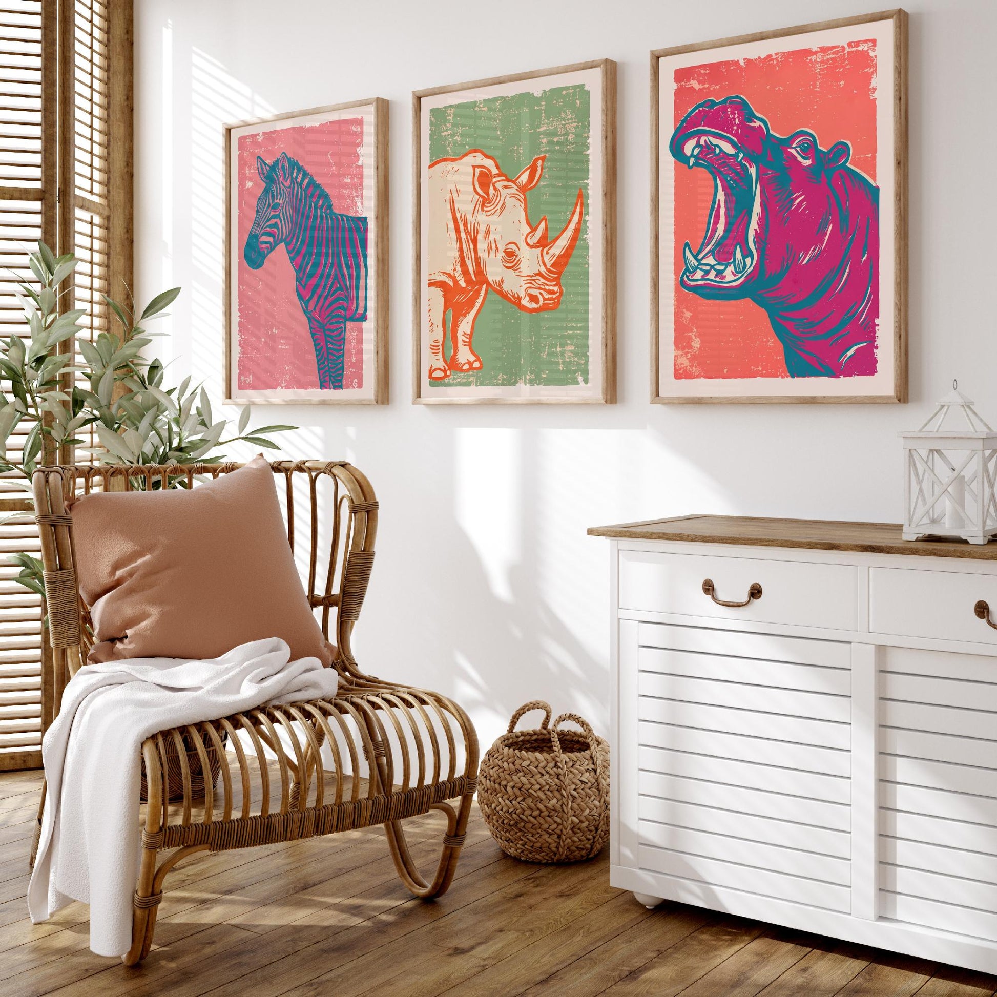 Set of Three Zebra, Rhino and Hippo Art Prints - Safari Animal Linocut Illustrations - African Wildlife Posters V2