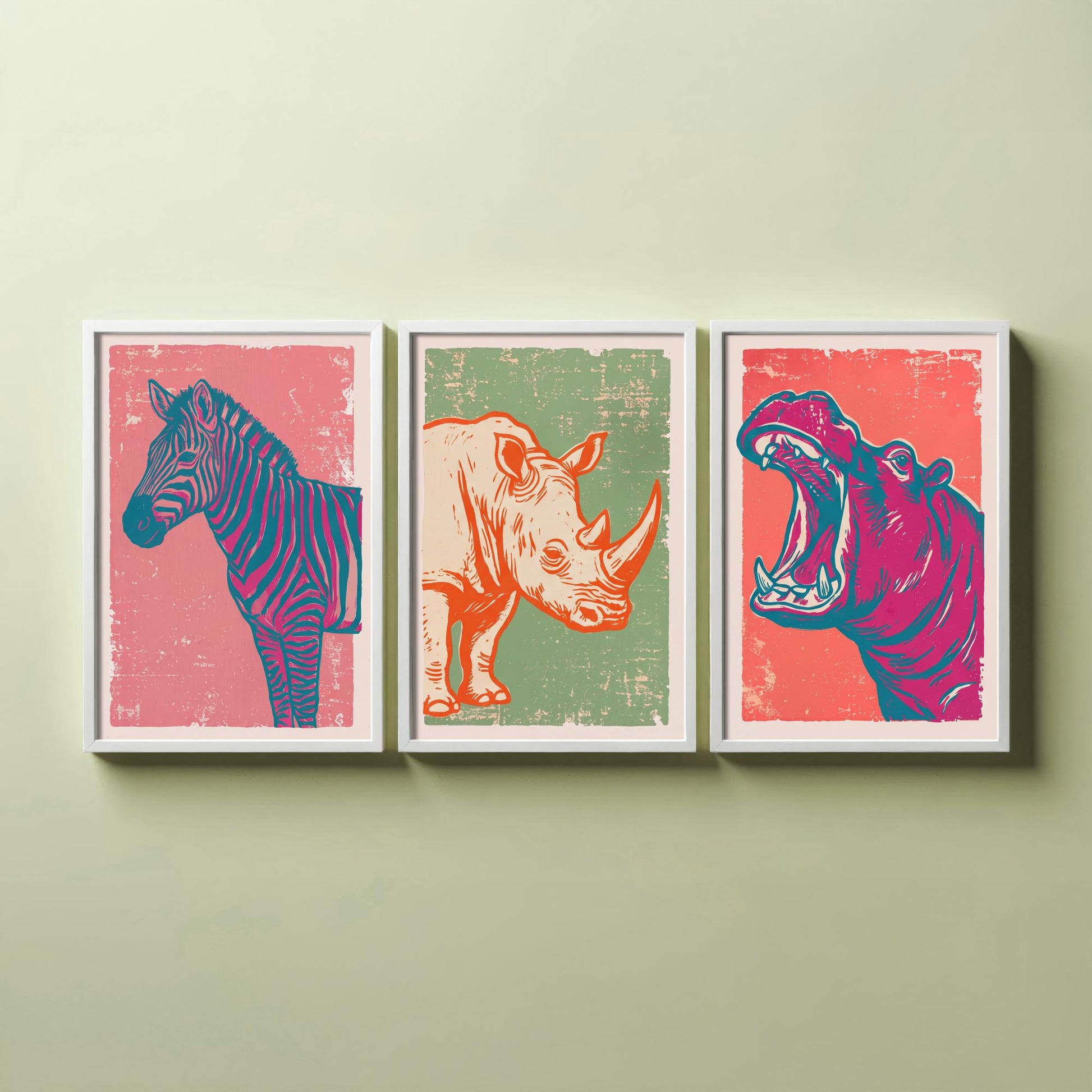 Set of Three Zebra, Rhino and Hippo Art Prints - Safari Animal Linocut Illustrations - African Wildlife Posters V2