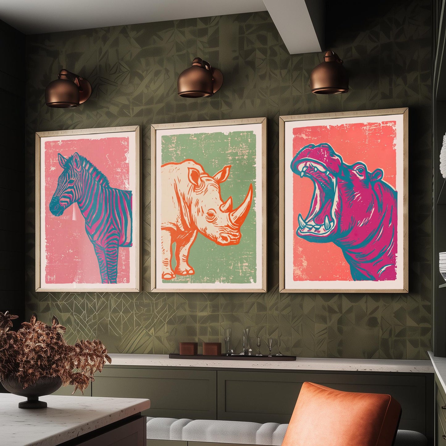 Set of Three Zebra, Rhino and Hippo Art Prints - Safari Animal Linocut Illustrations - African Wildlife Posters V2