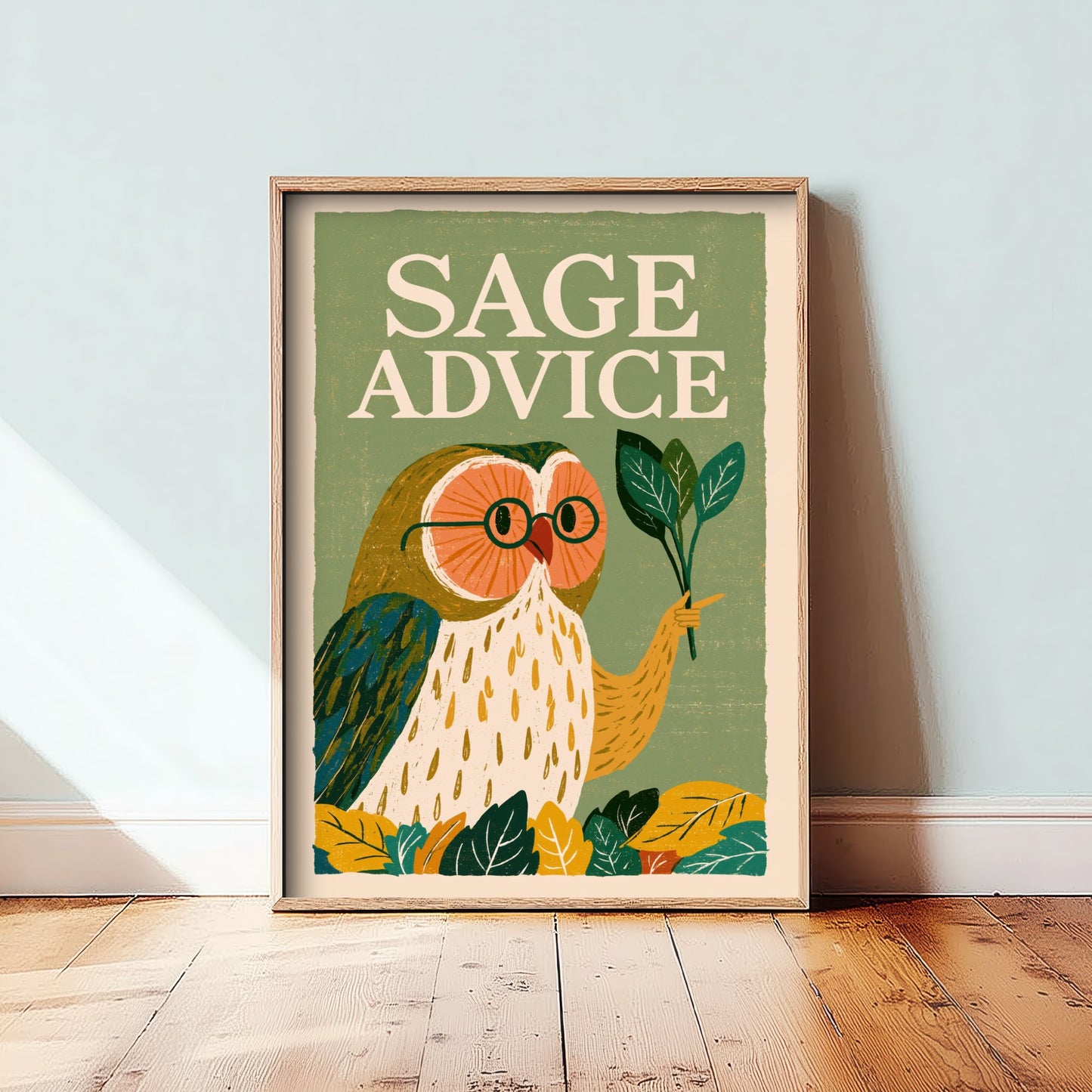 Sage Advice Art Print - Wise Owl with Herb Poster - Funny Retro Kitchen Illustration - Herbal Pun Wall Decor