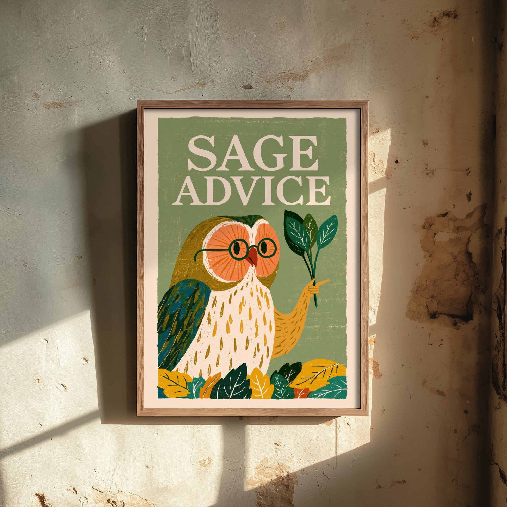 Sage Advice Art Print - Wise Owl with Herb Poster - Funny Retro Kitchen Illustration - Herbal Pun Wall Decor