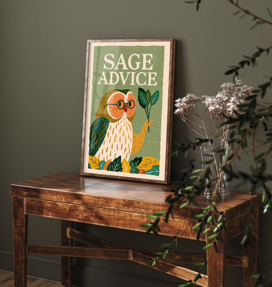Sage Advice Art Print - Wise Owl with Herb Poster - Funny Retro Kitchen Illustration - Herbal Pun Wall Decor