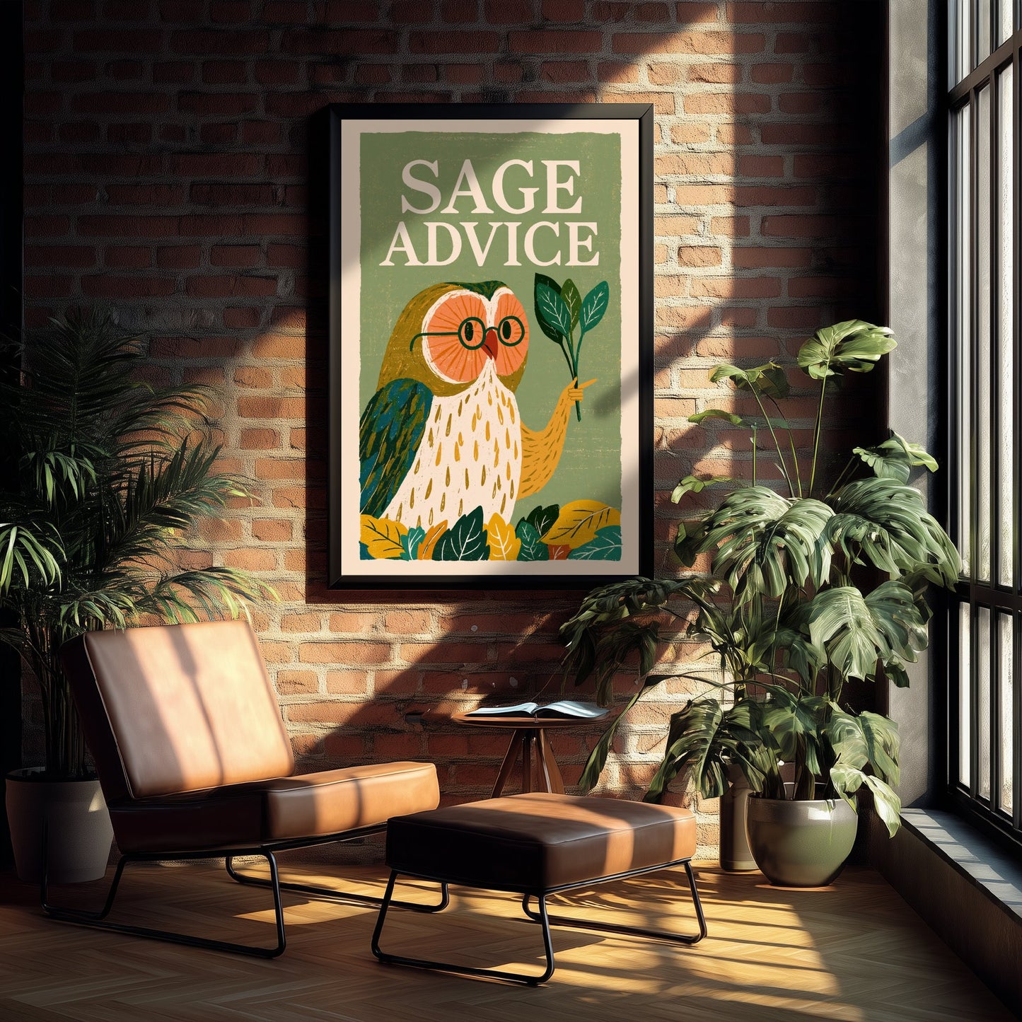 Sage Advice Art Print - Wise Owl with Herb Poster - Funny Retro Kitchen Illustration - Herbal Pun Wall Decor