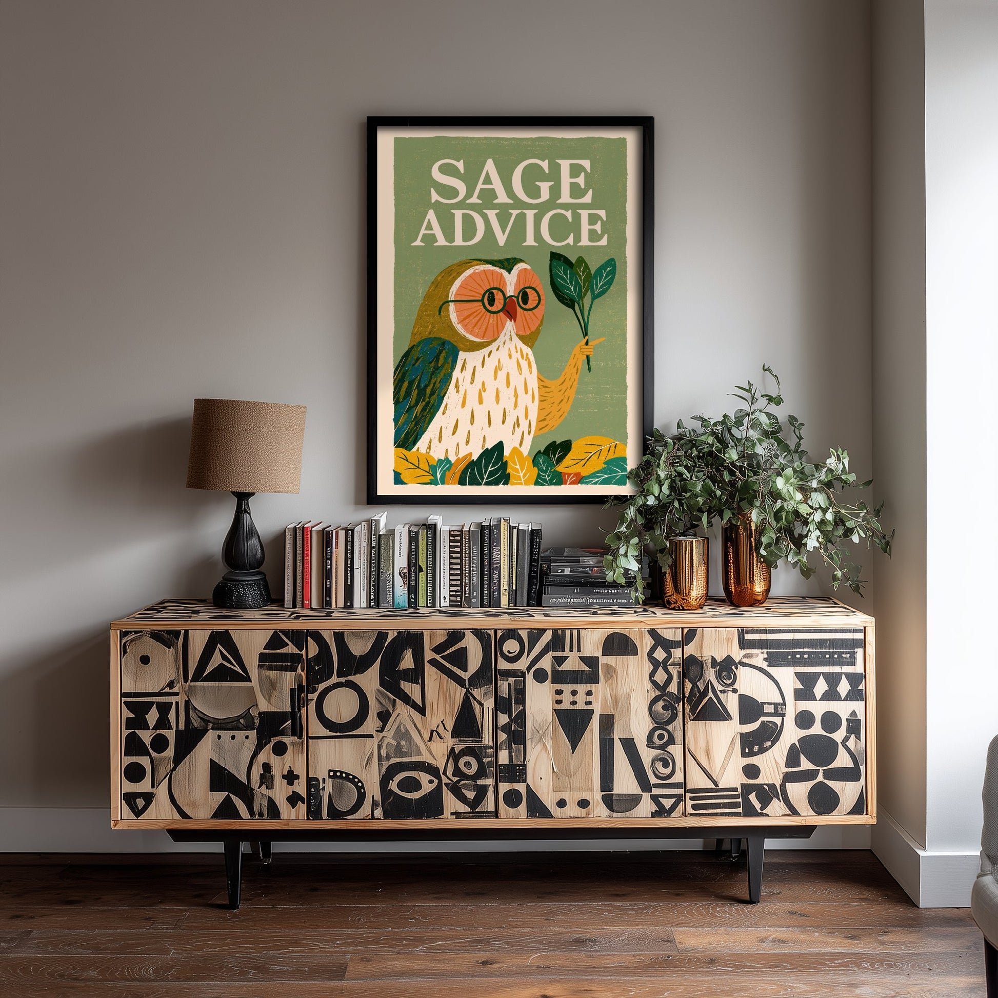Sage Advice Art Print - Wise Owl with Herb Poster - Funny Retro Kitchen Illustration - Herbal Pun Wall Decor