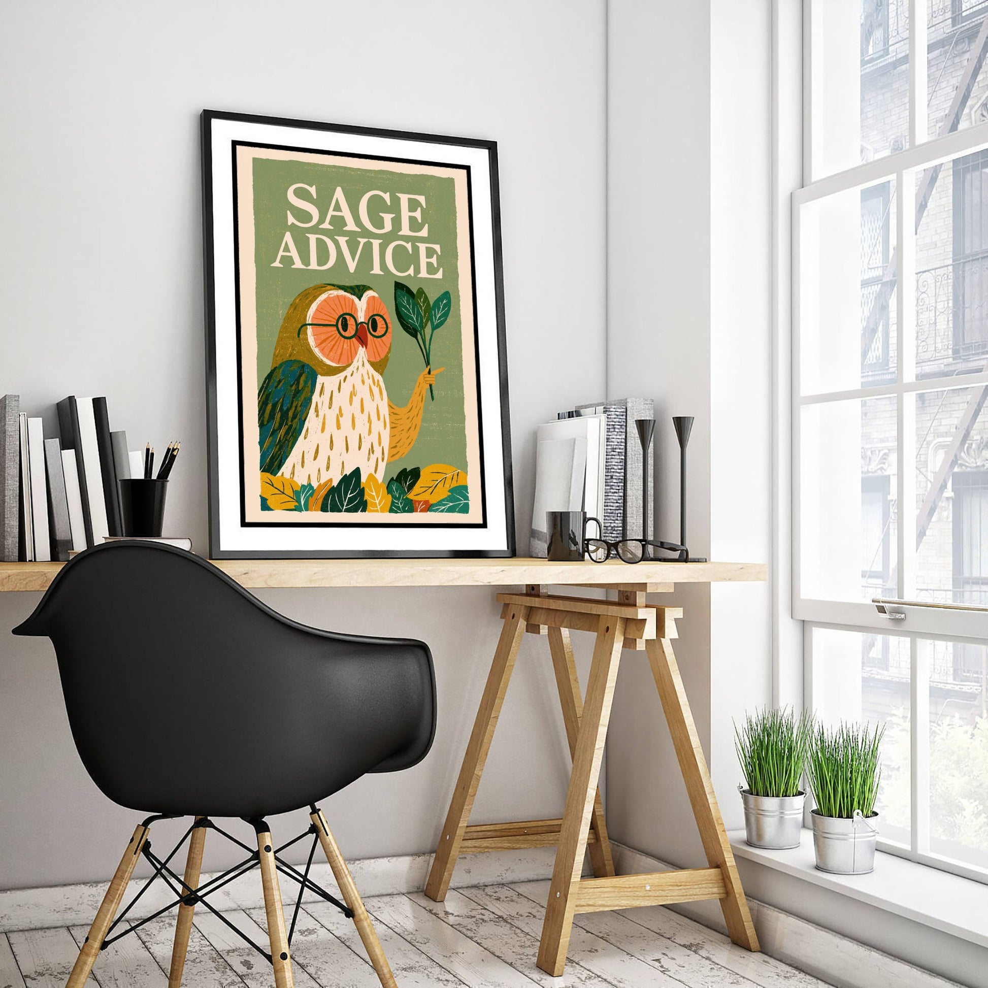 Sage Advice Art Print - Wise Owl with Herb Poster - Funny Retro Kitchen Illustration - Herbal Pun Wall Decor