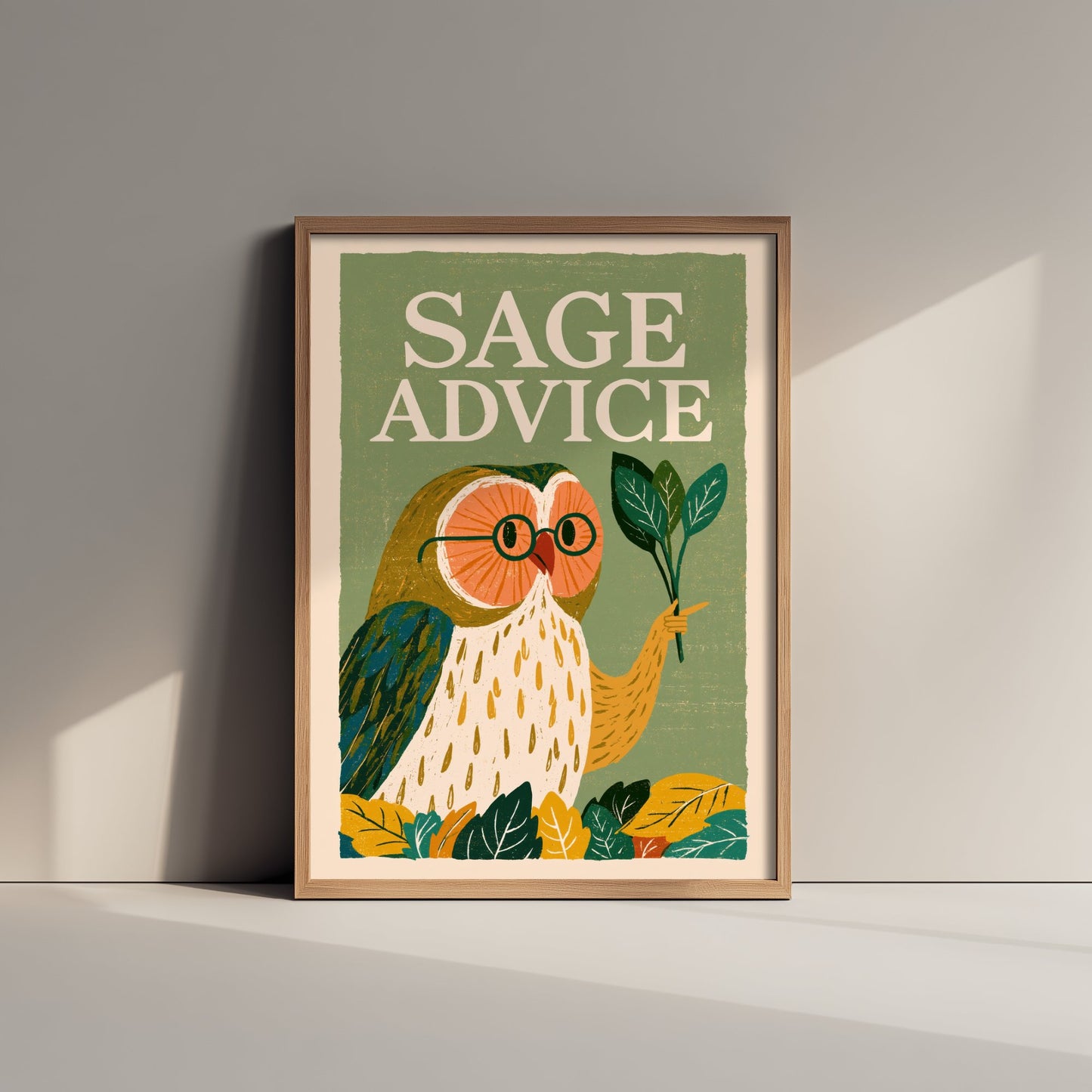 Sage Advice Art Print - Wise Owl with Herb Poster - Funny Retro Kitchen Illustration - Herbal Pun Wall Decor