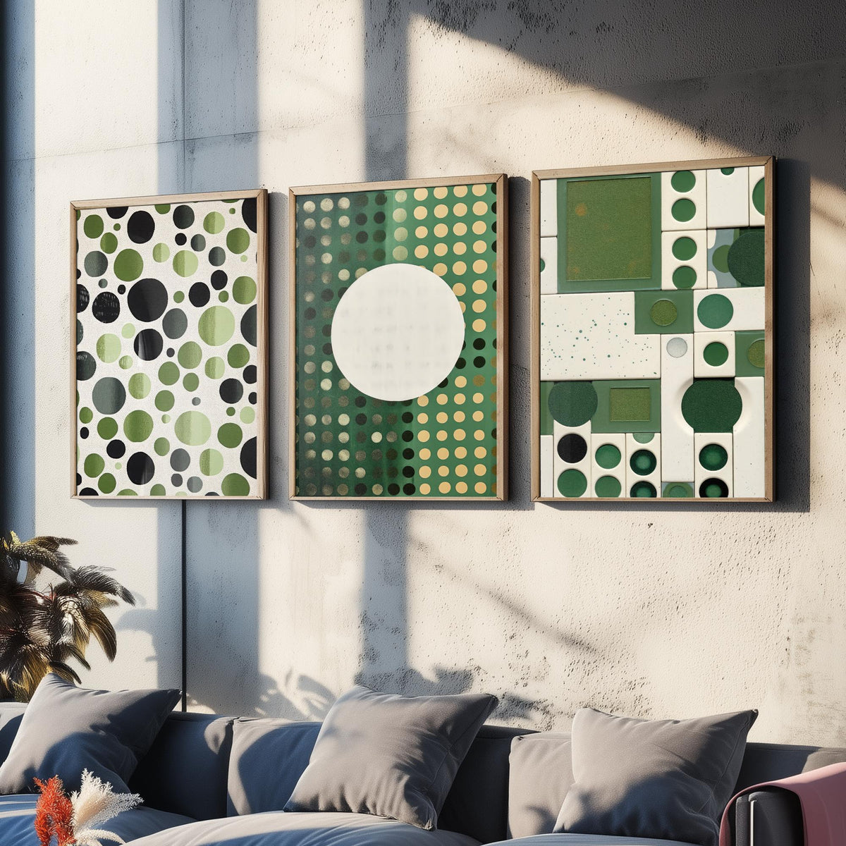 Sage Green Dots Set of Three Art Prints - Mid Century Circles and Tiles - Abstract Geometric Poster Illustration