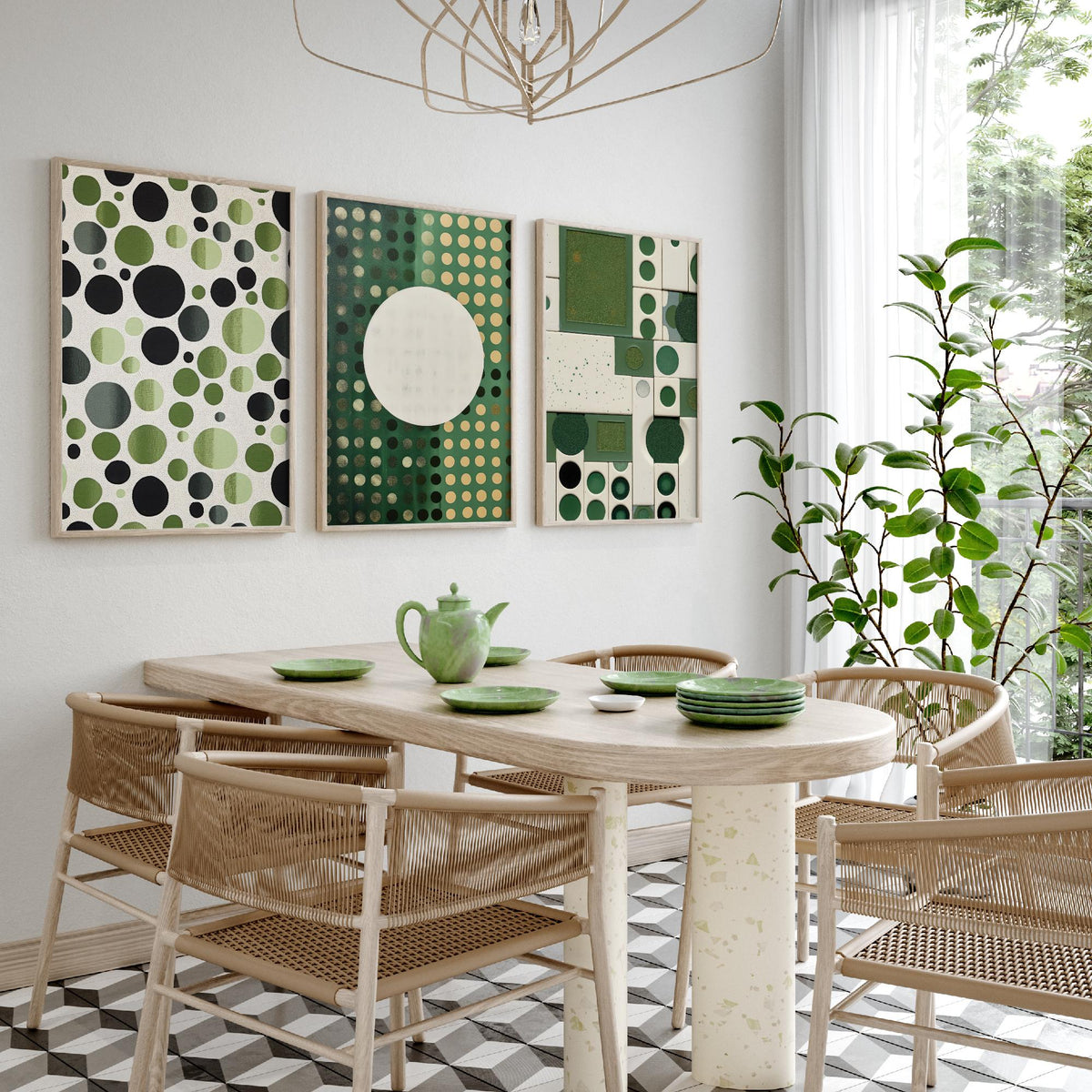 Sage Green Dots Set of Three Art Prints - Mid Century Circles and Tiles - Abstract Geometric Poster Illustration