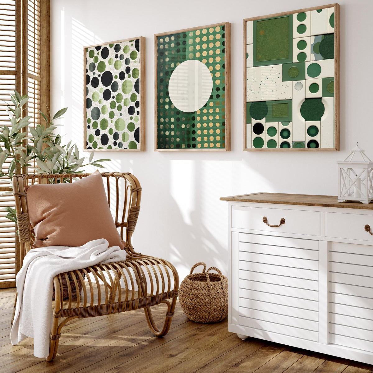 Sage Green Dots Set of Three Art Prints - Mid Century Circles and Tiles - Abstract Geometric Poster Illustration