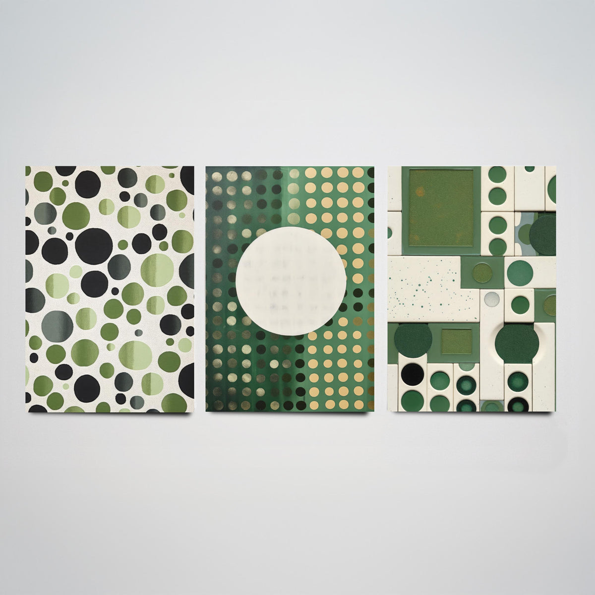 Sage Green Dots Set of Three Art Prints - Mid Century Circles and Tiles - Abstract Geometric Poster Illustration