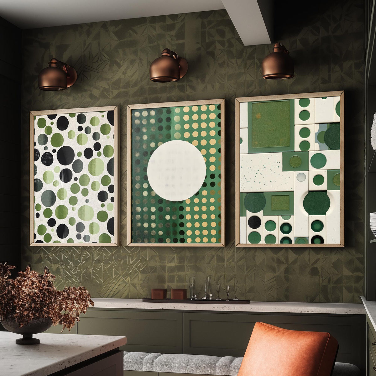 Sage Green Dots Set of Three Art Prints - Mid Century Circles and Tiles - Abstract Geometric Poster Illustration