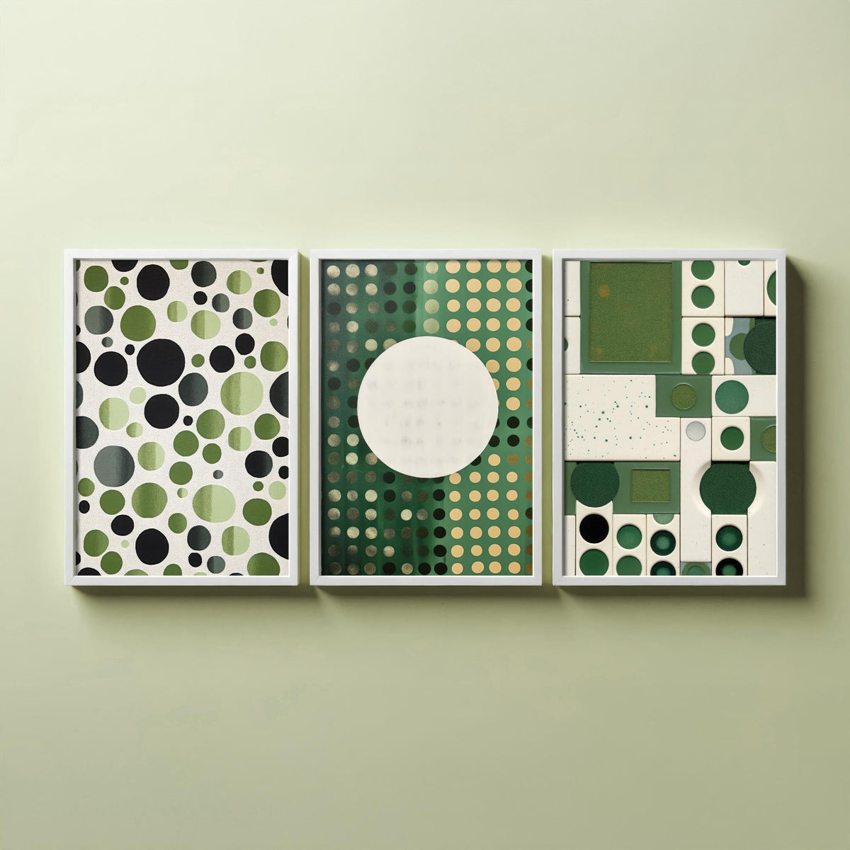 Sage Green Dots Set of Three Art Prints - Mid Century Circles and Tiles - Abstract Geometric Poster Illustration