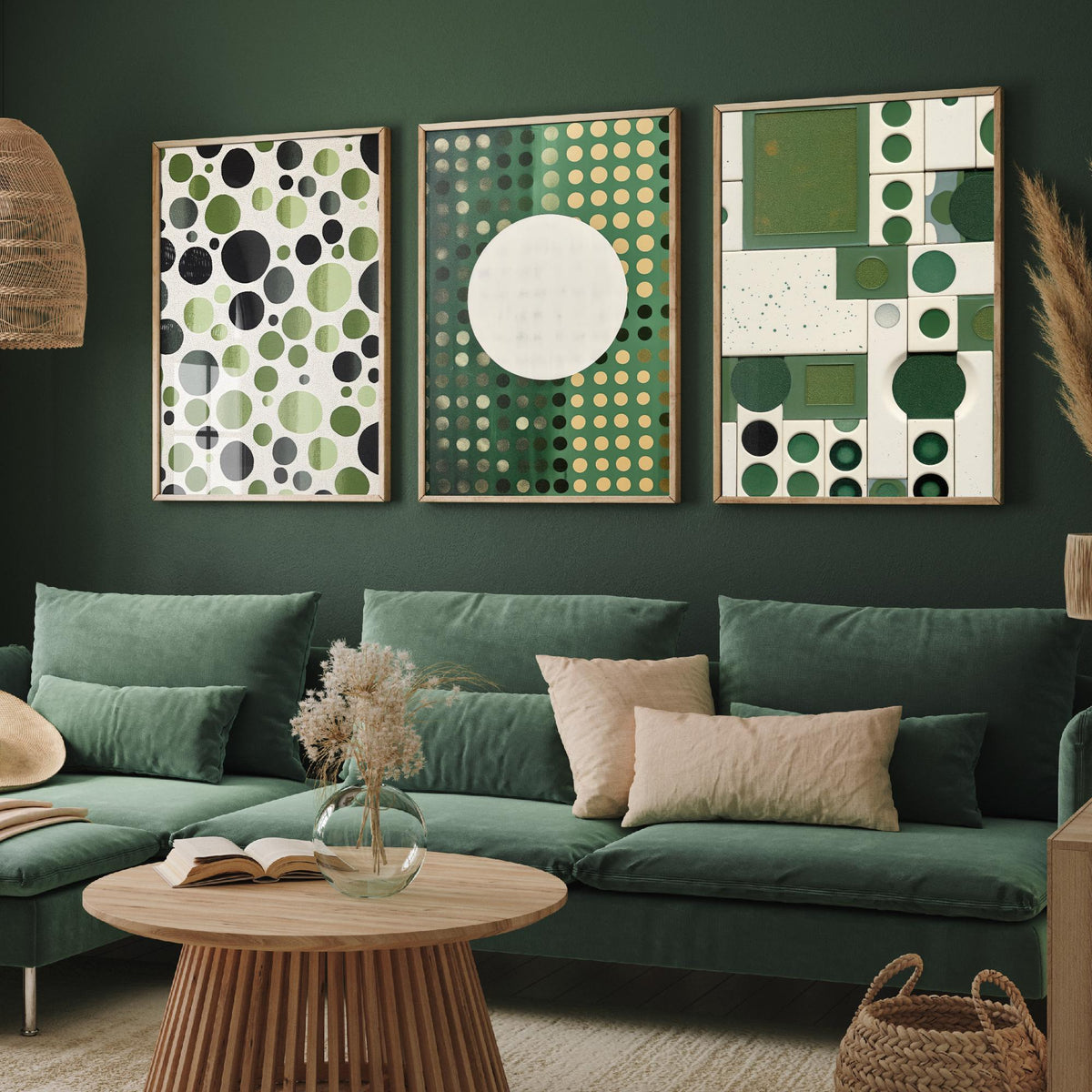 Sage Green Dots Set of Three Art Prints - Mid Century Circles and Tiles - Abstract Geometric Poster Illustration