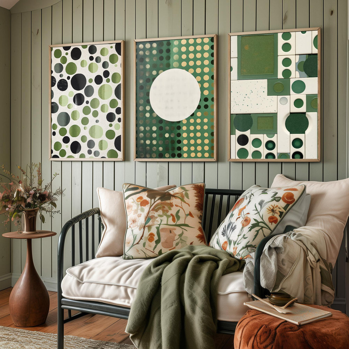Sage Green Dots Set of Three Art Prints - Mid Century Circles and Tiles - Abstract Geometric Poster Illustration