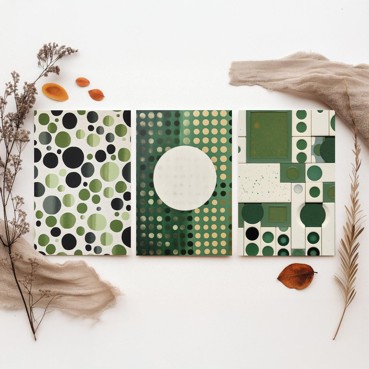 Sage Green Dots Set of Three Art Prints - Mid Century Circles and Tiles - Abstract Geometric Poster Illustration