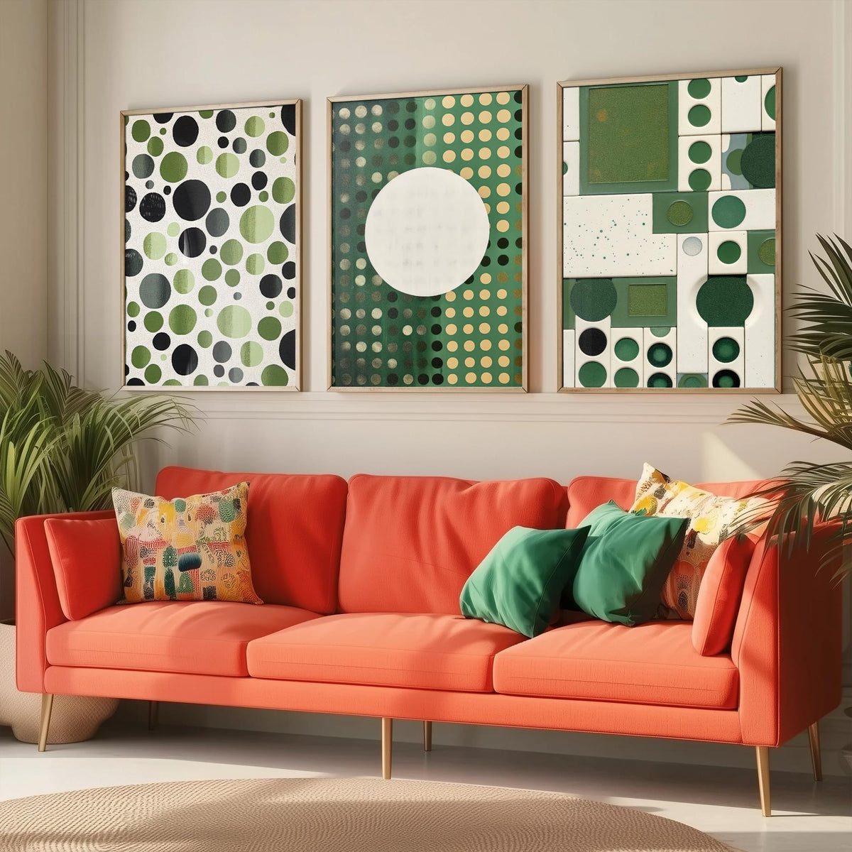 Sage Green Dots Set of Three Art Prints - Mid Century Circles and Tiles - Abstract Geometric Poster Illustration