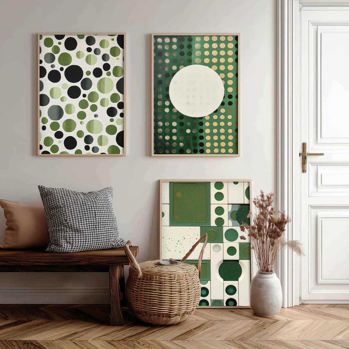 Sage Green Dots Set of Three Art Prints - Mid Century Circles and Tiles - Abstract Geometric Poster Illustration