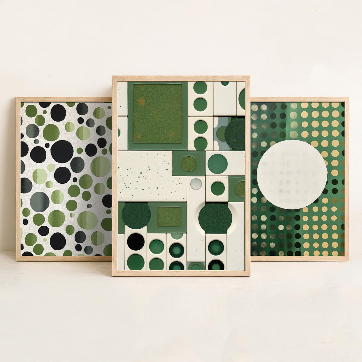 Sage Green Dots Set of Three Art Prints - Mid Century Circles and Tiles - Abstract Geometric Poster Illustration