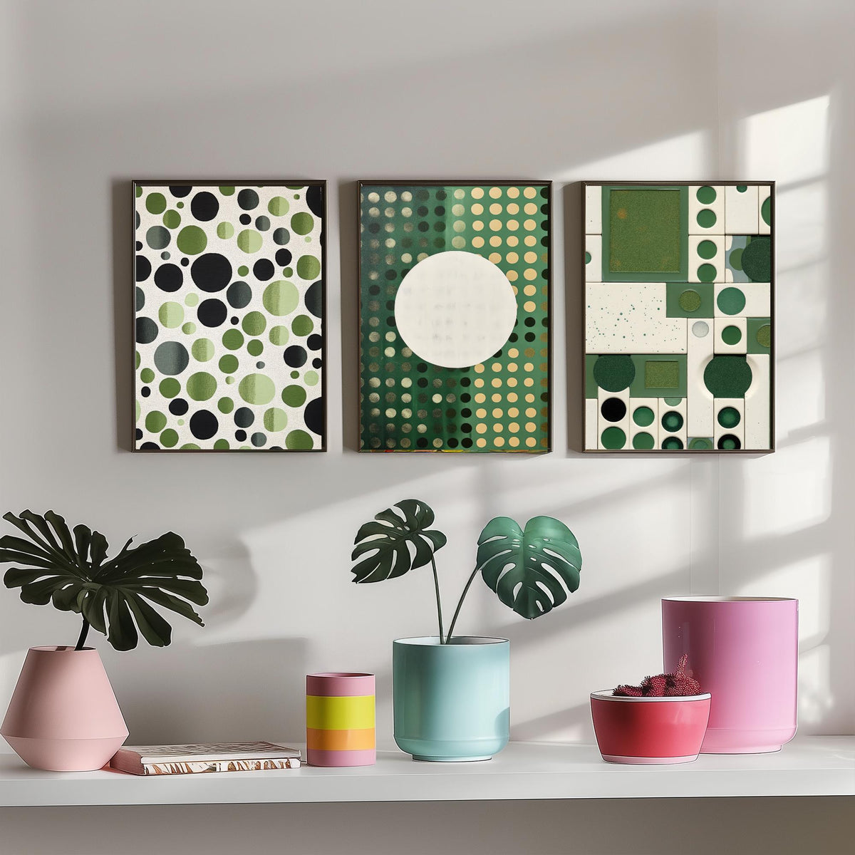 Sage Green Dots Set of Three Art Prints - Mid Century Circles and Tiles - Abstract Geometric Poster Illustration