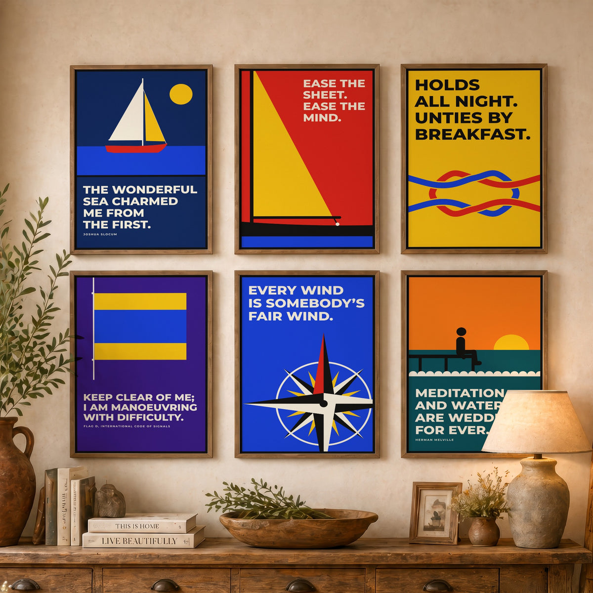 Set of Six Sailing Quote Art Prints - 6 Bauhaus Sailor Posters - Minimalist Nautical Illustration - Yacht, Knot, Compass Rose