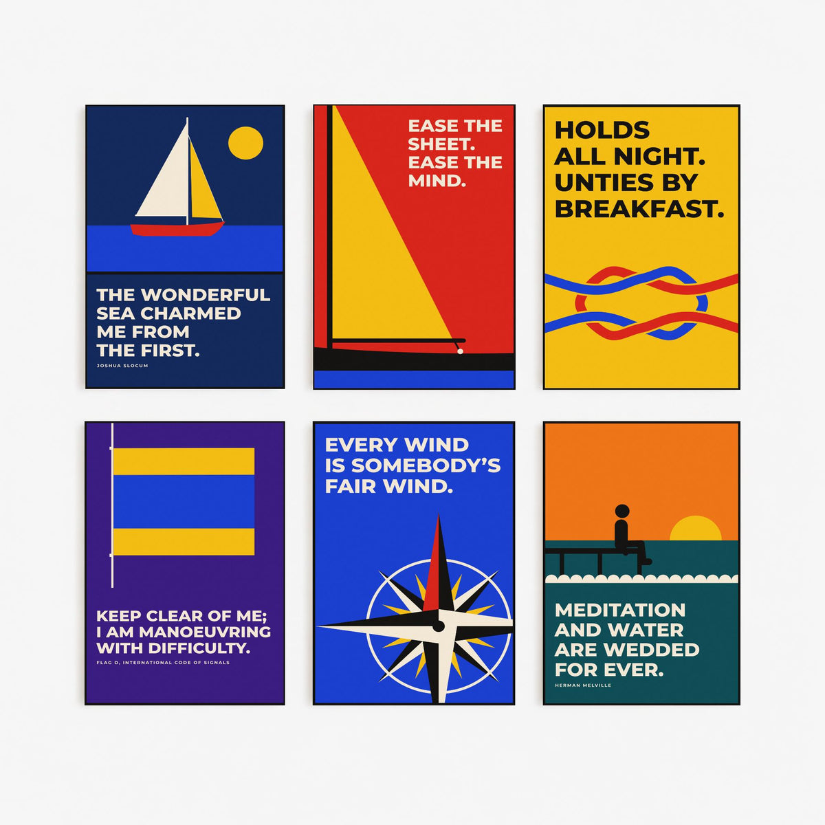 Set of Six Sailing Quote Art Prints - 6 Bauhaus Sailor Posters - Minimalist Nautical Illustration - Yacht, Knot, Compass Rose