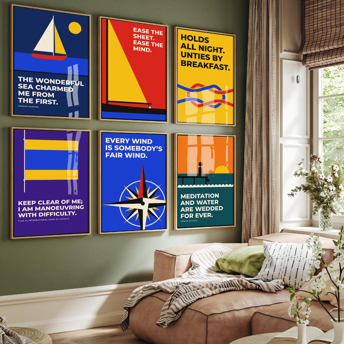 Set of Six Sailing Quote Art Prints - 6 Bauhaus Sailor Posters - Minimalist Nautical Illustration - Yacht, Knot, Compass Rose