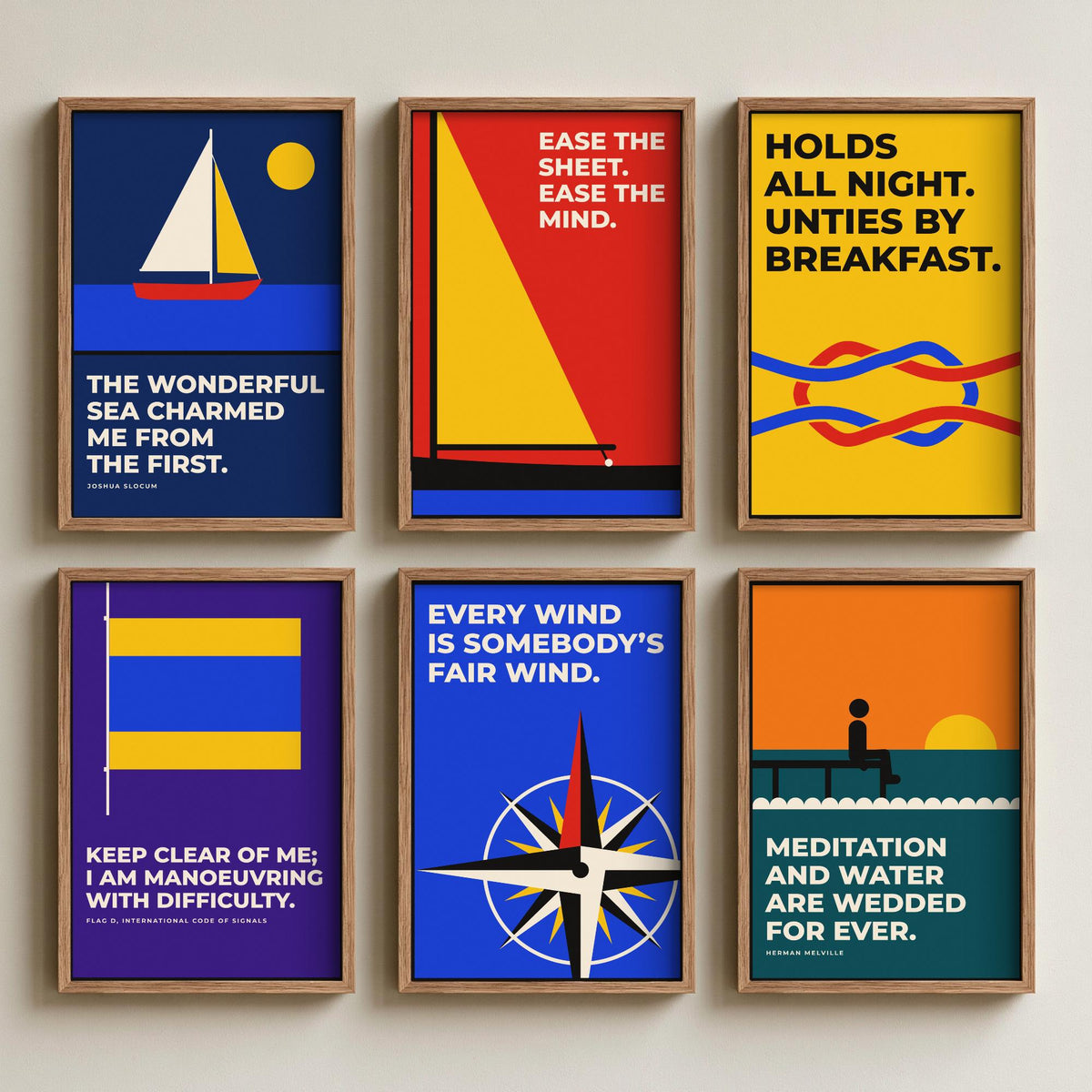 Set of Six Sailing Quote Art Prints - 6 Bauhaus Sailor Posters - Minimalist Nautical Illustration - Yacht, Knot, Compass Rose