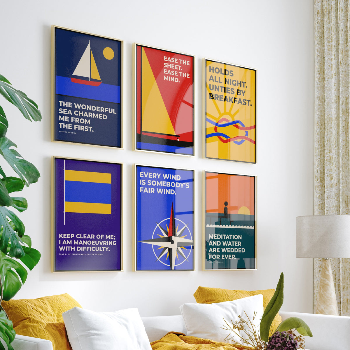 Set of Six Sailing Quote Art Prints - 6 Bauhaus Sailor Posters - Minimalist Nautical Illustration - Yacht, Knot, Compass Rose