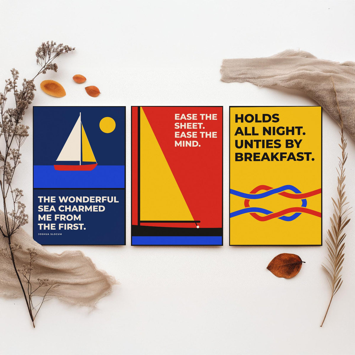 Sailing Quotes Set of Three Art Prints - 3 Bauhaus Sailor Posters - Minimalist Nautical Wall Art Illustration V1