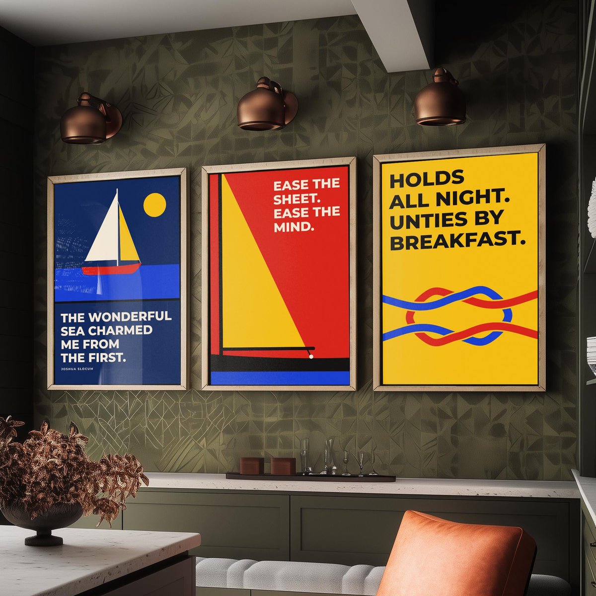 Sailing Quotes Set of Three Art Prints - 3 Bauhaus Sailor Posters - Minimalist Nautical Wall Art Illustration V1
