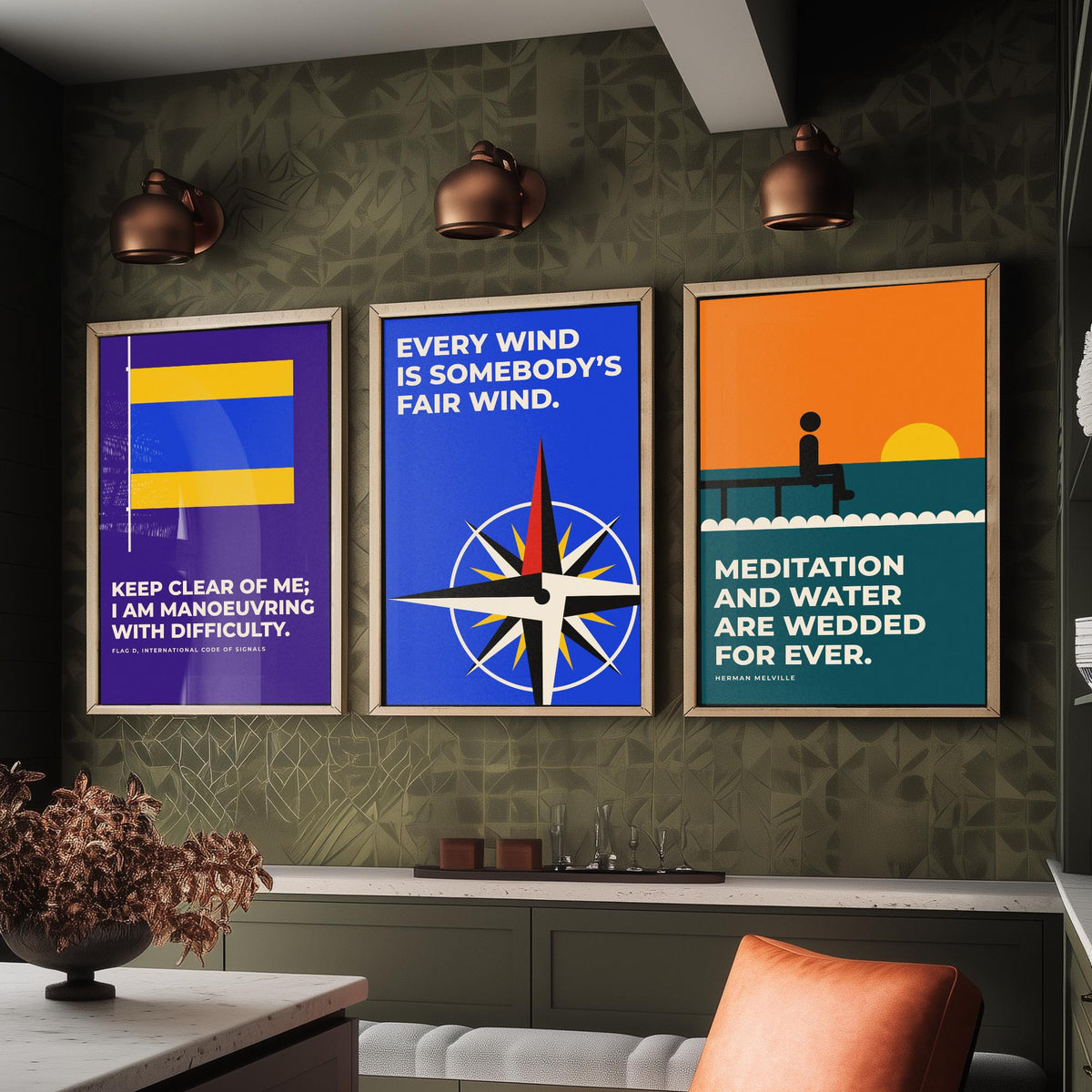 Sailing Quotes Set of Three Art Prints - 3 Retro Bauhaus Sailor Posters - Minimalist Nautical Wall Art Illustration V2