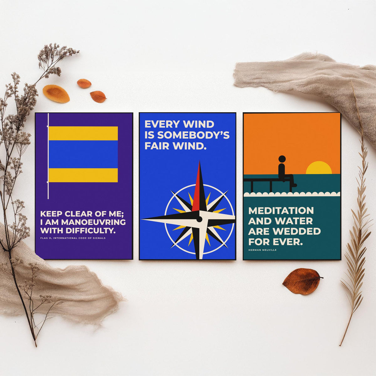 Sailing Quotes Set of Three Art Prints - 3 Retro Bauhaus Sailor Posters - Minimalist Nautical Wall Art Illustration V2