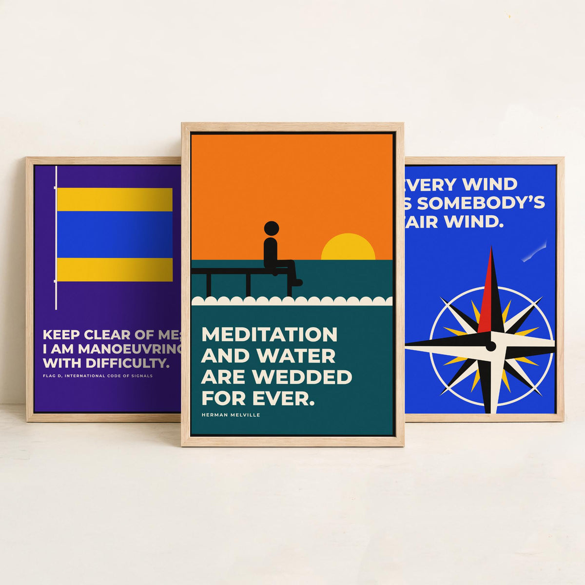 Sailing Quotes Set of Three Art Prints - 3 Retro Bauhaus Sailor Posters - Minimalist Nautical Wall Art Illustration V2
