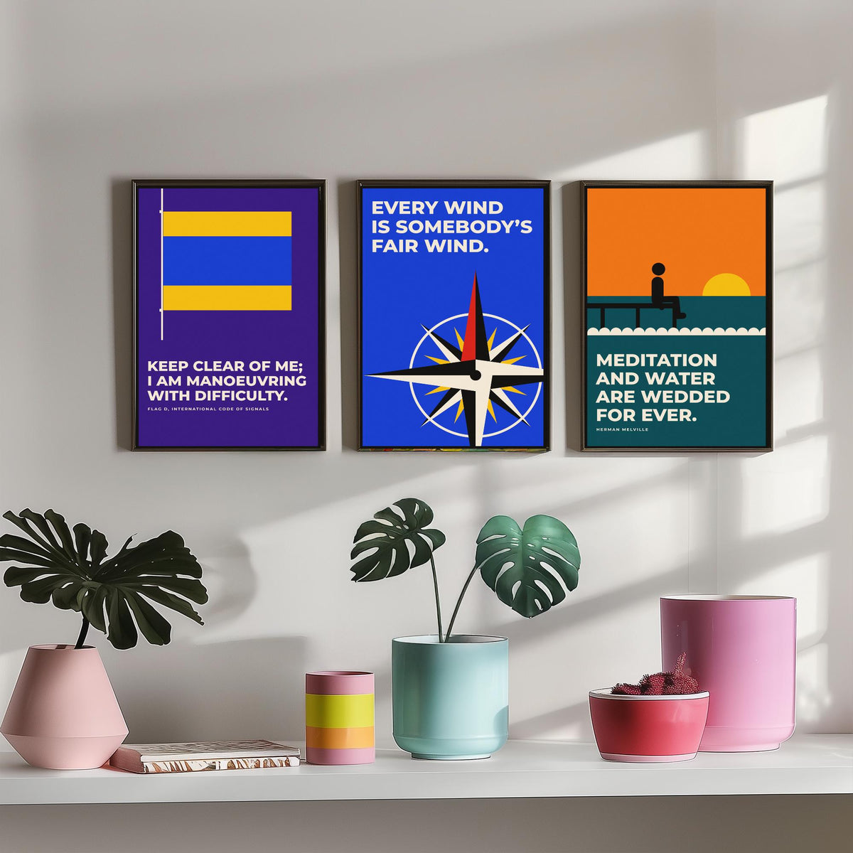 Sailing Quotes Set of Three Art Prints - 3 Retro Bauhaus Sailor Posters - Minimalist Nautical Wall Art Illustration V2
