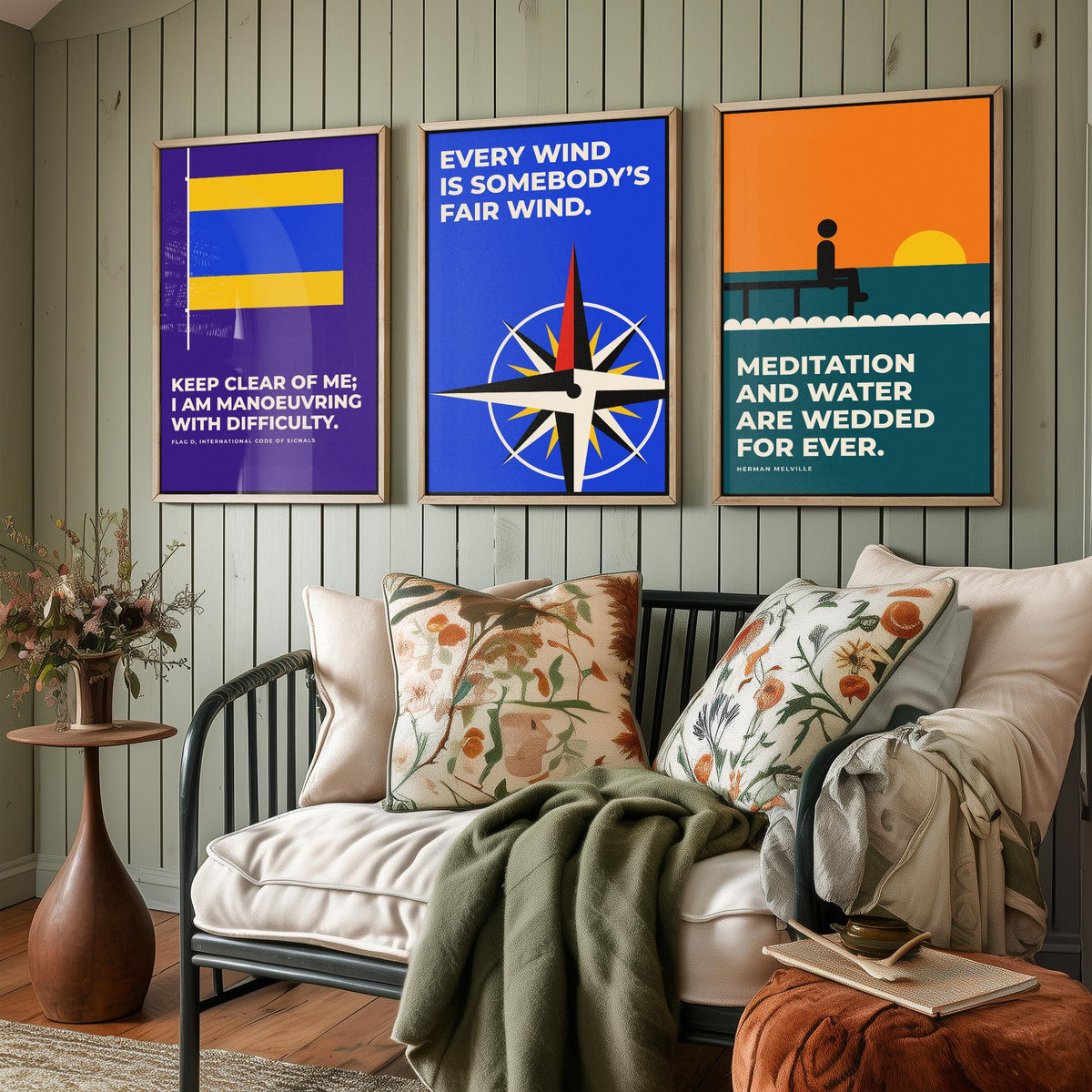 Sailing Quotes Set of Three Art Prints - 3 Retro Bauhaus Sailor Posters - Minimalist Nautical Wall Art Illustration V2