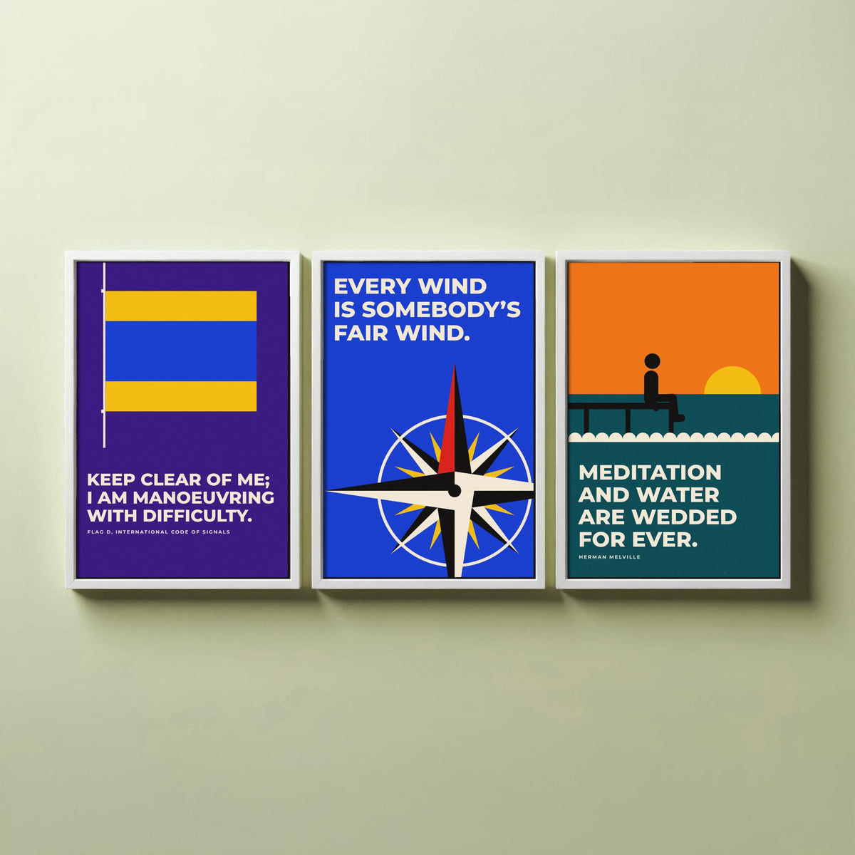 Sailing Quotes Set of Three Art Prints - 3 Retro Bauhaus Sailor Posters - Minimalist Nautical Wall Art Illustration V2
