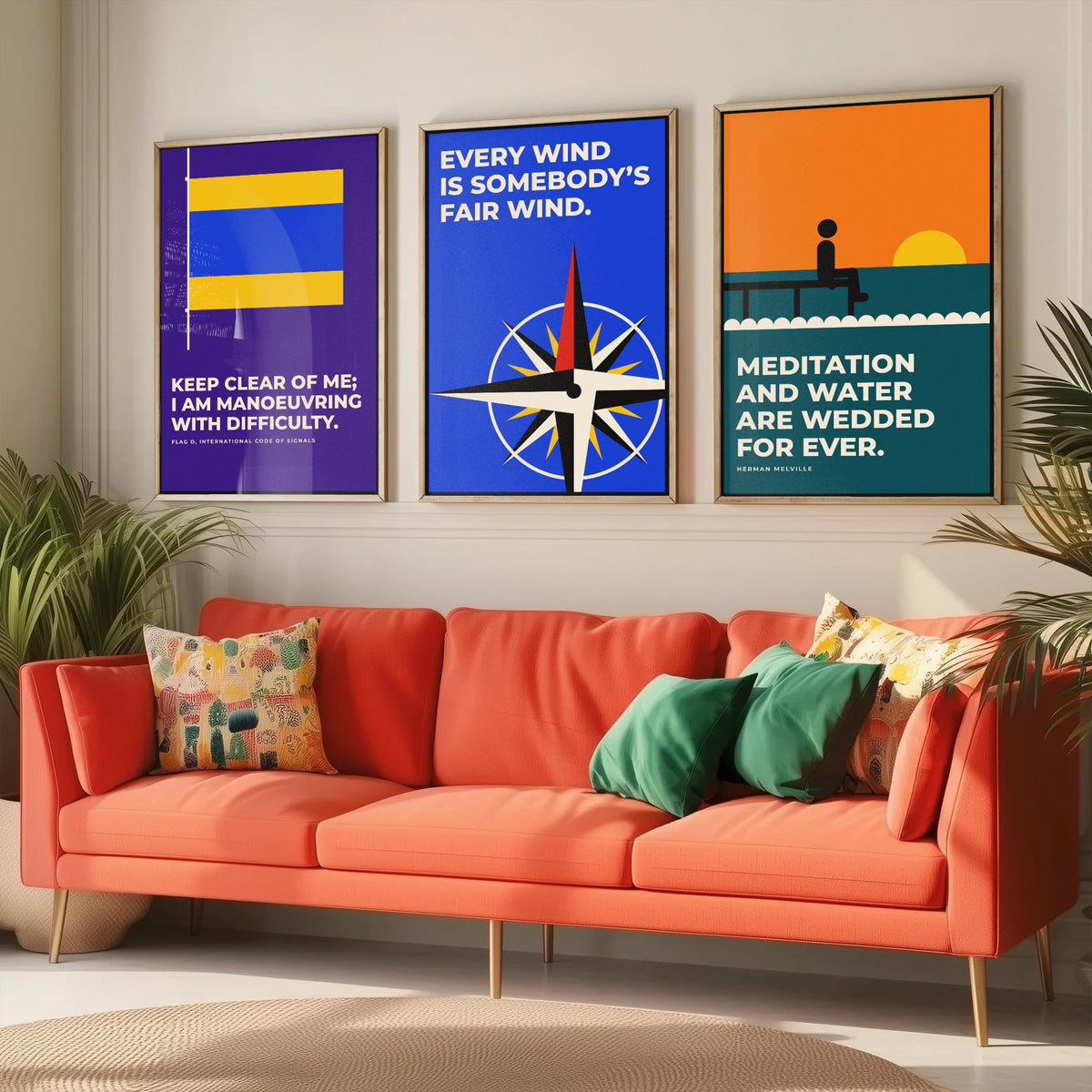 Sailing Quotes Set of Three Art Prints - 3 Retro Bauhaus Sailor Posters - Minimalist Nautical Wall Art Illustration V2