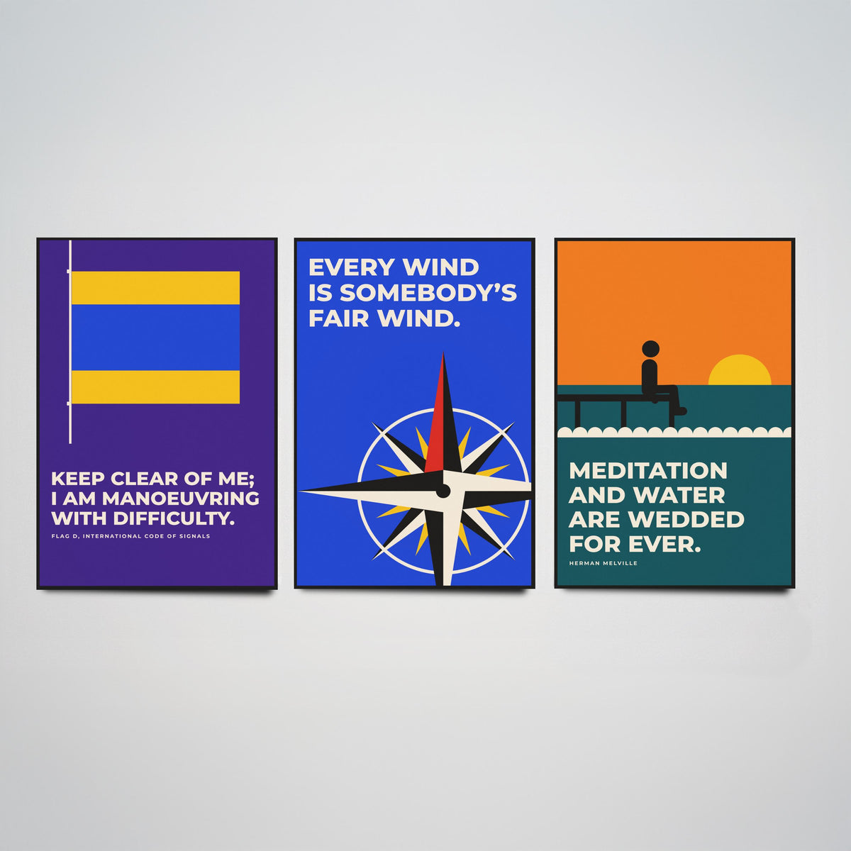 Sailing Quotes Set of Three Art Prints - 3 Retro Bauhaus Sailor Posters - Minimalist Nautical Wall Art Illustration V2