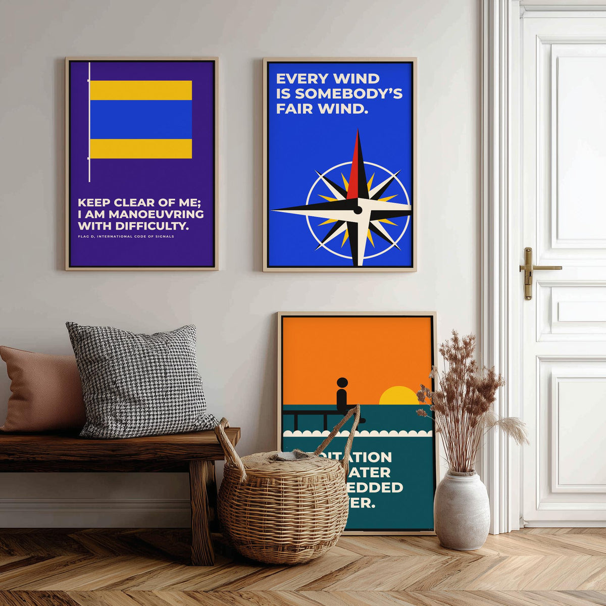 Sailing Quotes Set of Three Art Prints - 3 Retro Bauhaus Sailor Posters - Minimalist Nautical Wall Art Illustration V2