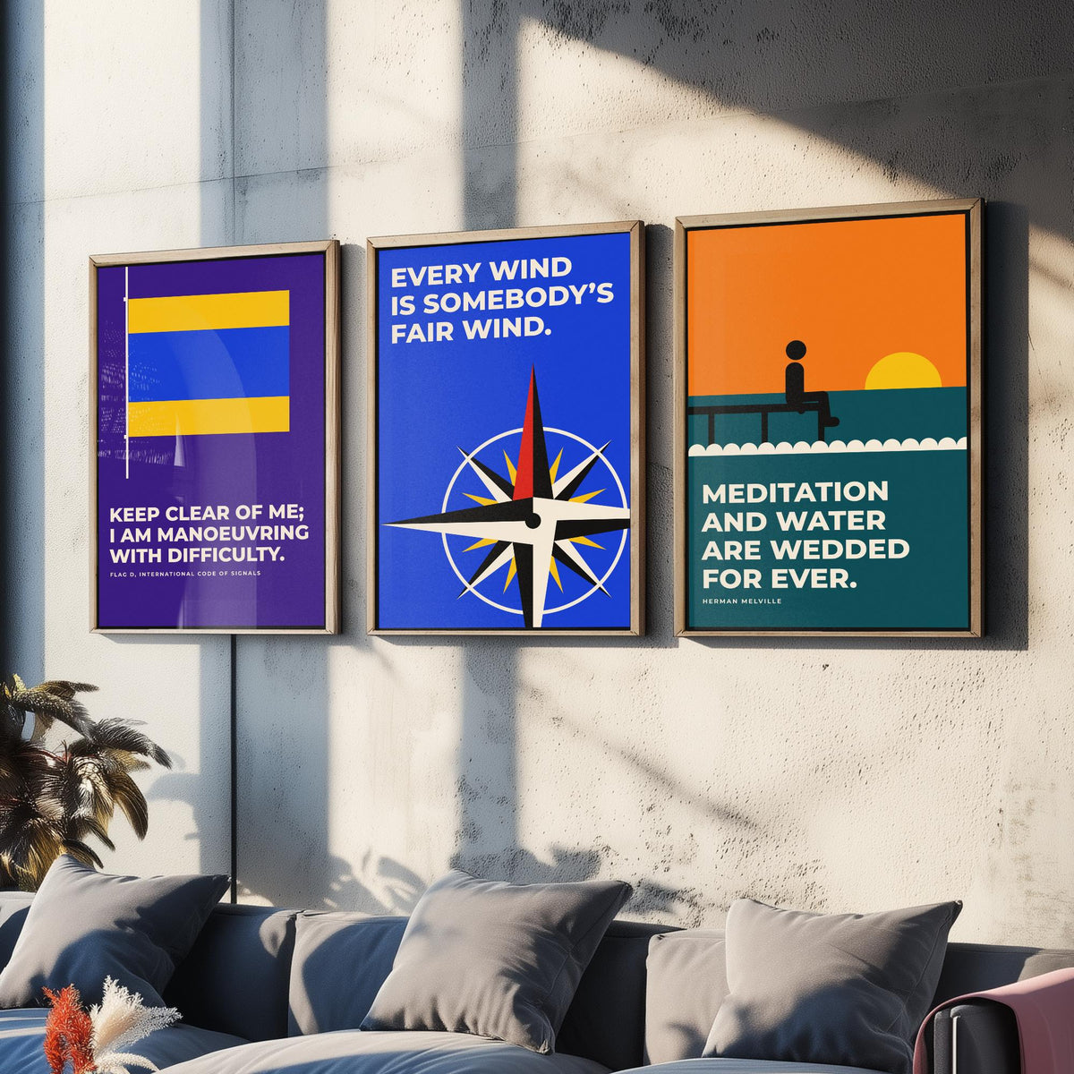 Sailing Quotes Set of Three Art Prints - 3 Retro Bauhaus Sailor Posters - Minimalist Nautical Wall Art Illustration V2